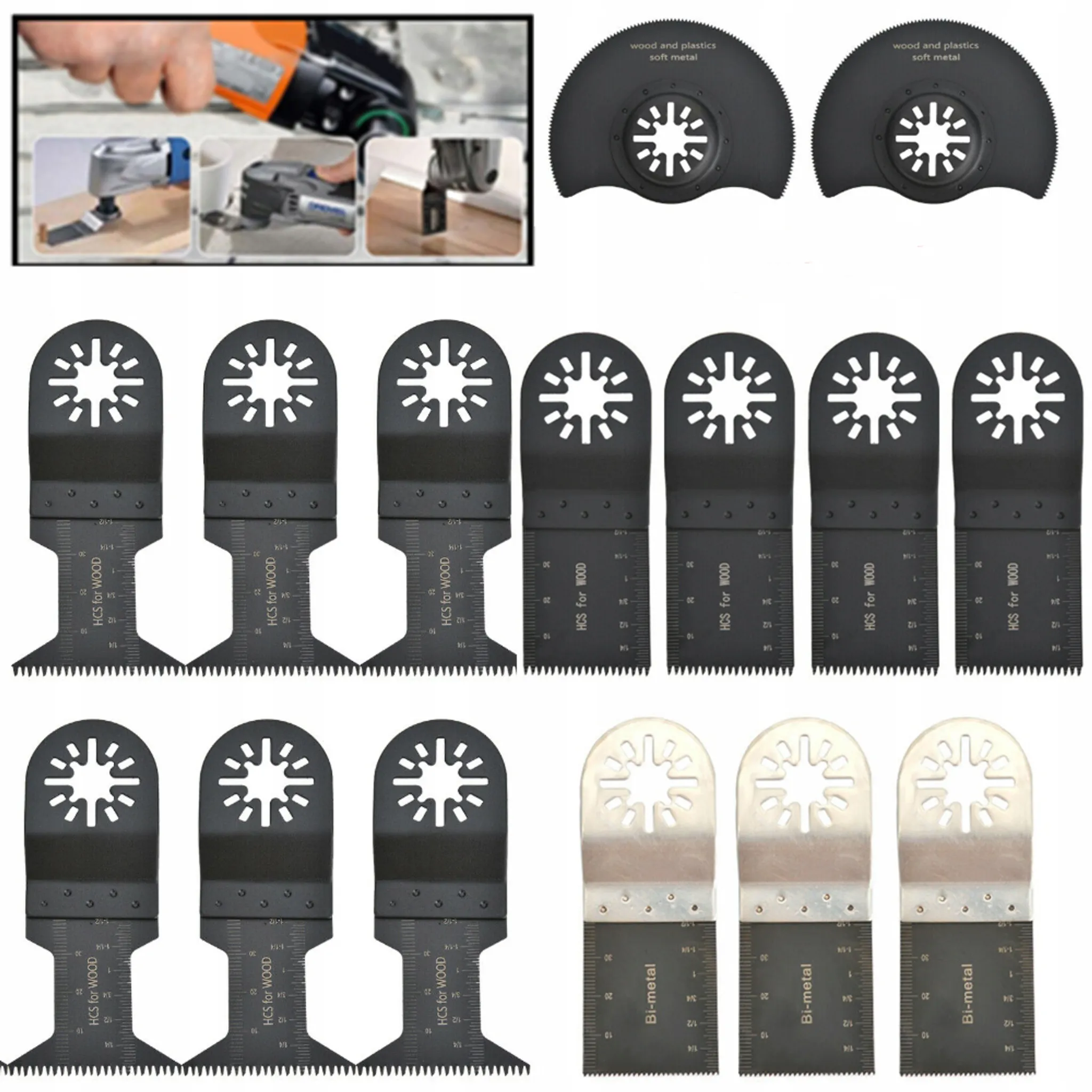 Das Bild zeigt verschiedene Sägeblätter und ein Elektrowerkzeug. Die Klingen sind für Holz, Kunststoff und Metall. Einige haben Messmarkierungen.