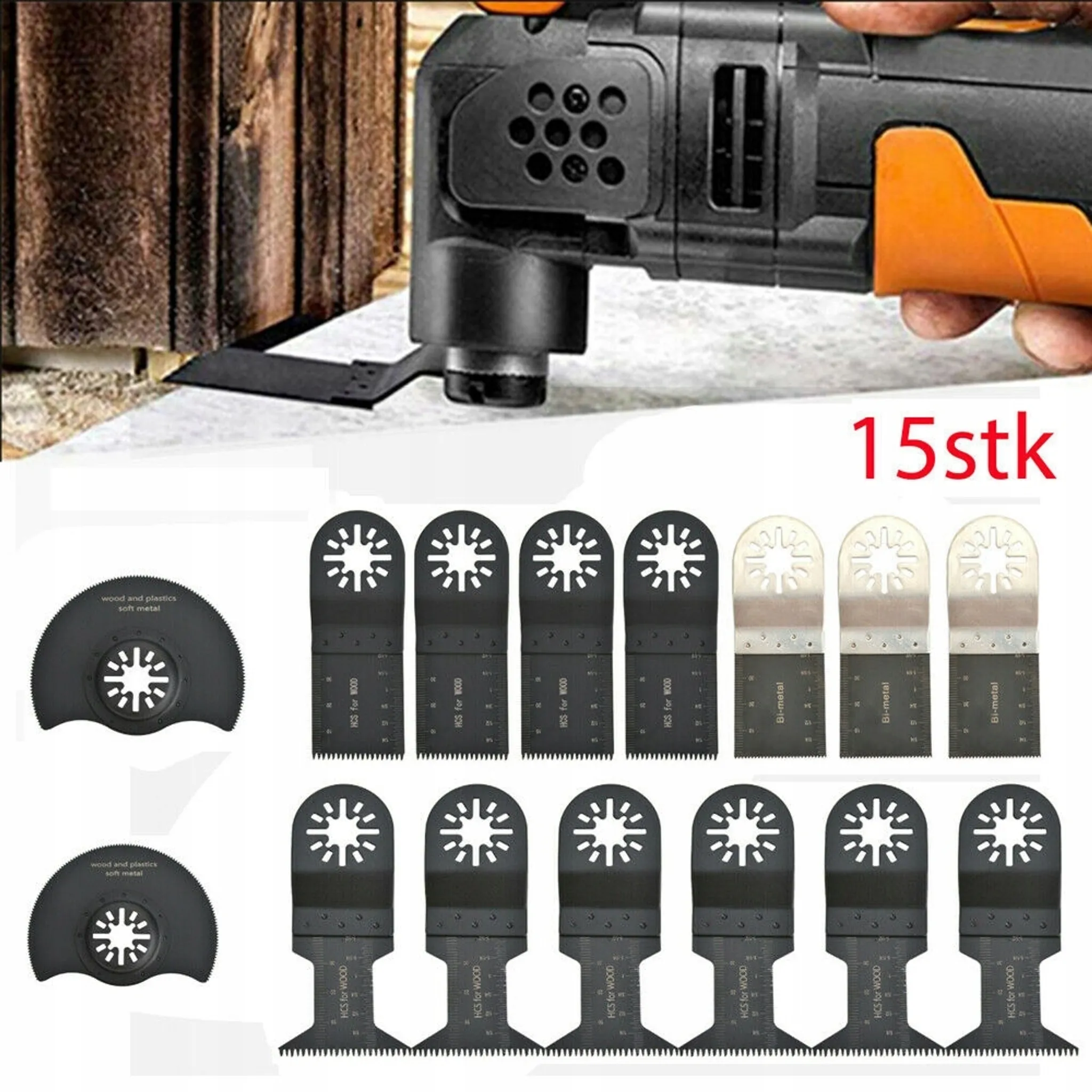 Ein schwarzes und oranges Multitool mit 15 Sägeblättern. Die Klingen haben verschiedene Formen und Größen.