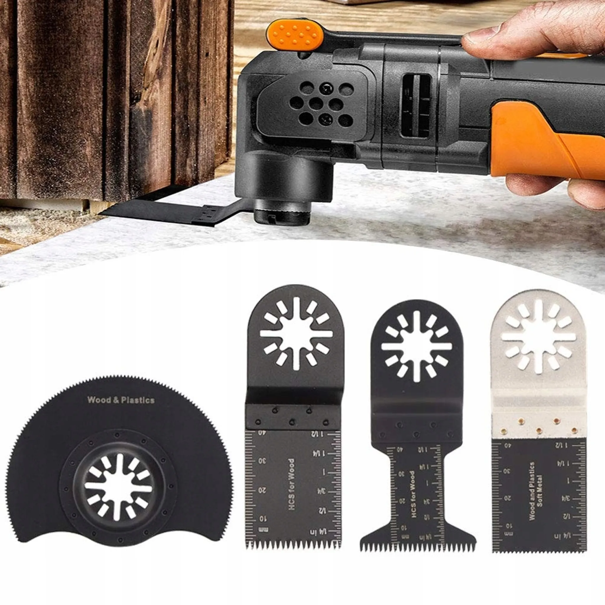 Ein Multitool mit Aufsätzen, Klingen und einer Hand, die das Werkzeug hält. Klingen für Holz und Kunststoffe werden angezeigt.