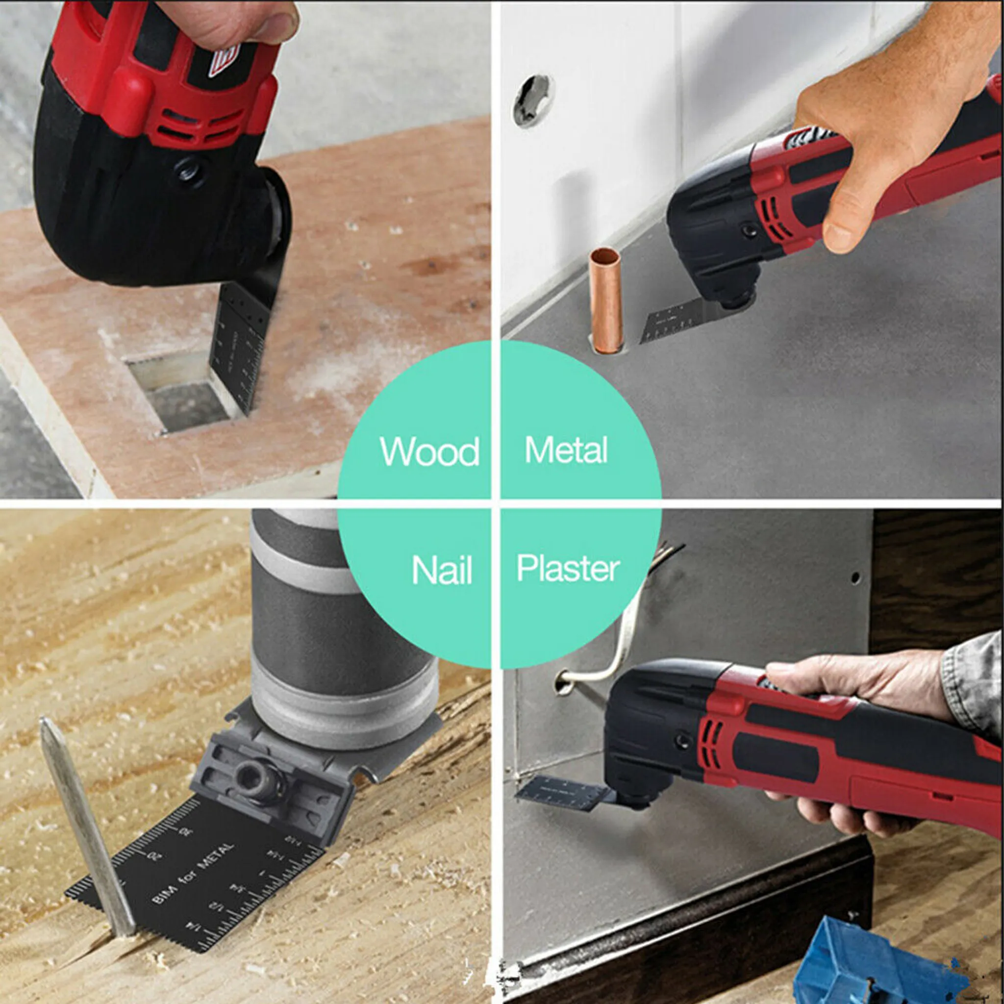 Das Bild zeigt ein Multitool, das Holz, Metall, Nagel und Putz schneidet. Das Werkzeug ist rot und schwarz, mit einer Klinge für jedes Material.