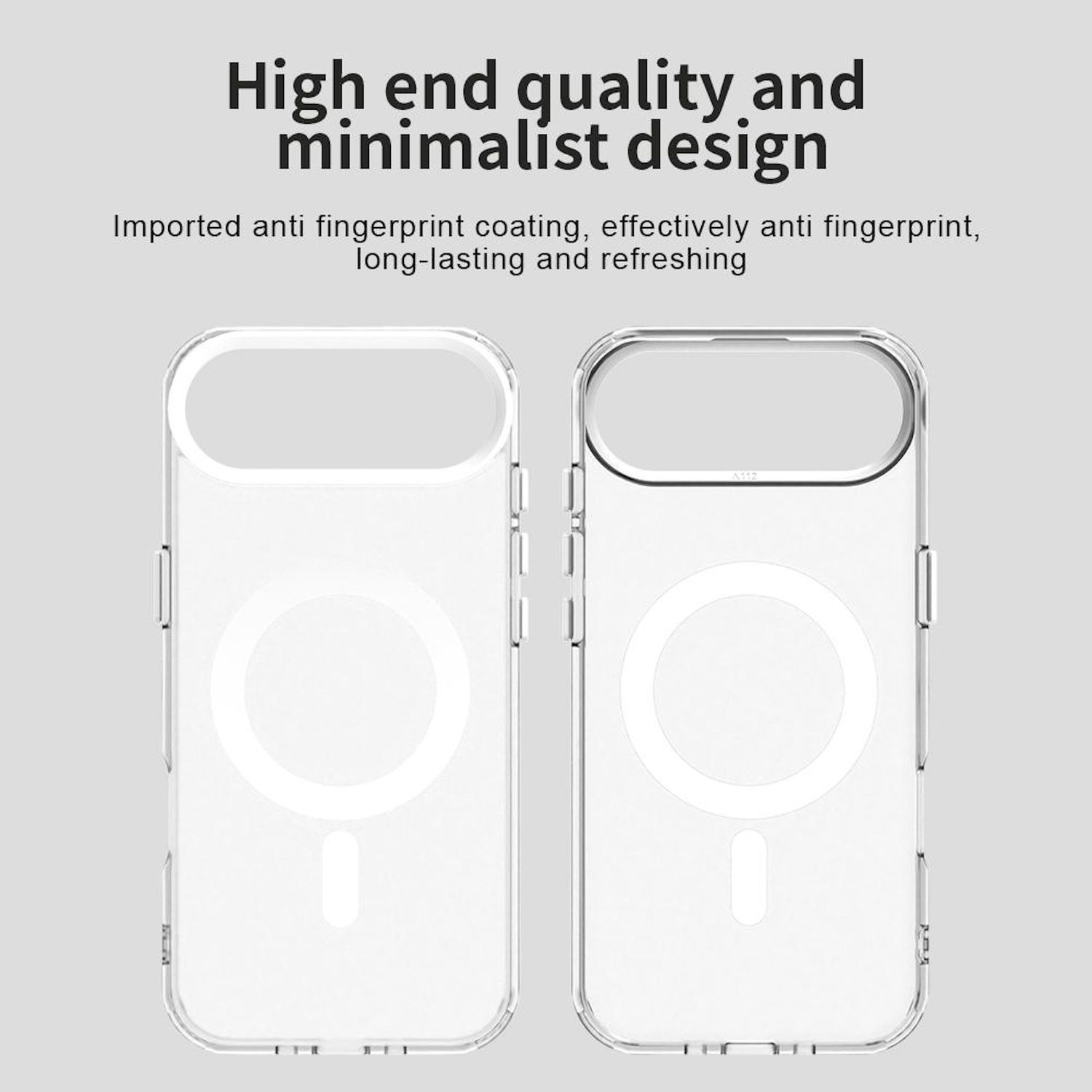 Zwei transparente Telefonhüllen mit minimalistischem Design, ein kreisförmiges Element in der Mitte und Text darüber.