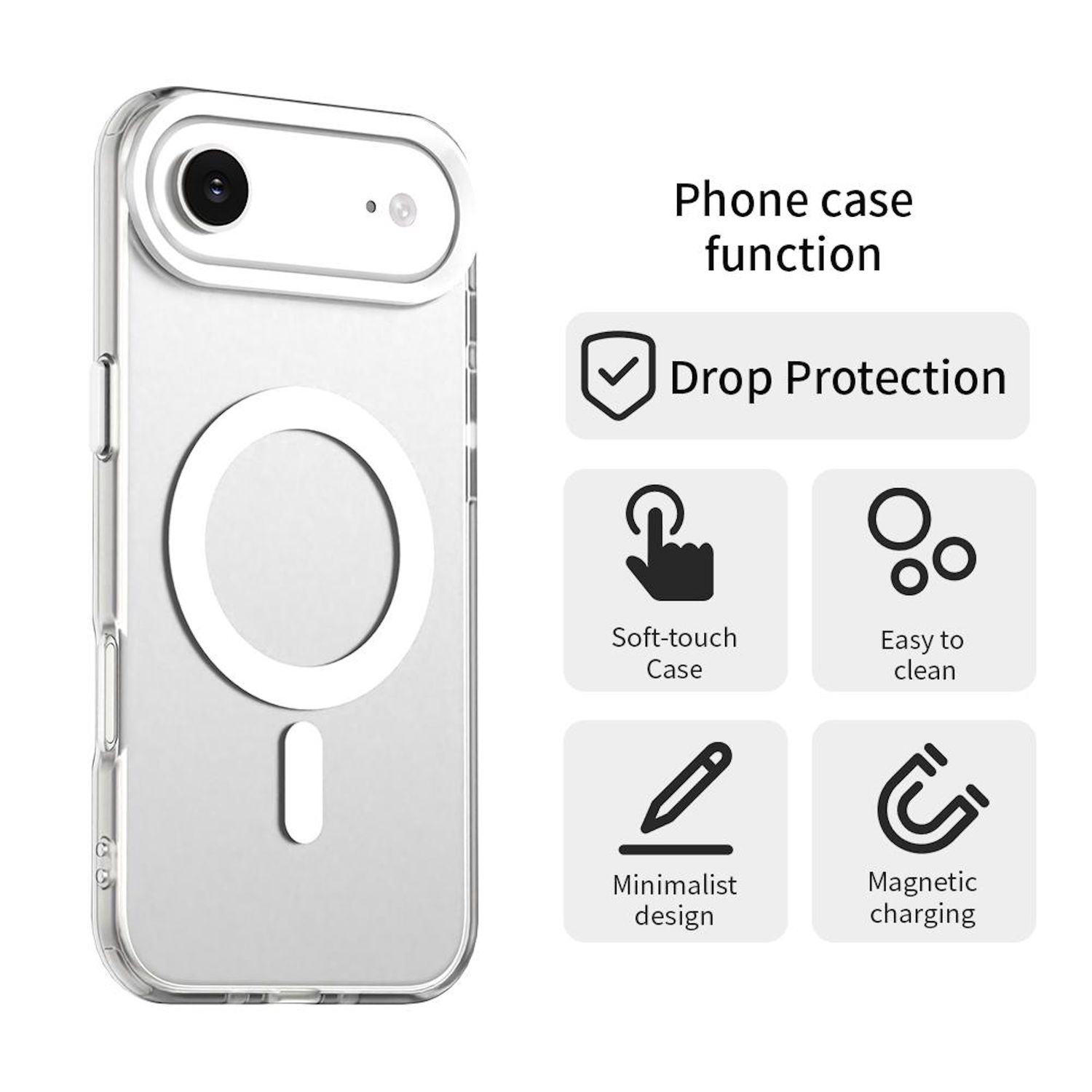 Eine transparente Handyhülle mit einem weißen Kreis und einer Liste von Funktionen: Fallschutz, Soft-Touch, leicht zu reinigen, minimalistisches Design, magnetisches Laden.