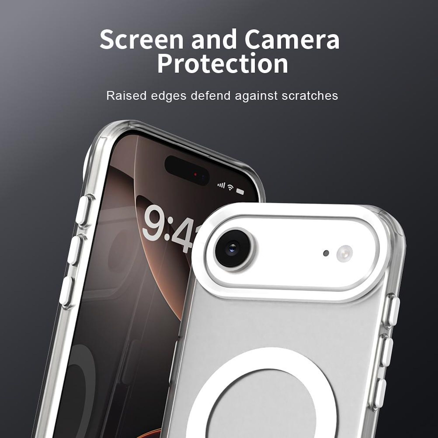 Zwei Smartphones, eines mit Uhr, in transparenten Schutzhüllen mit erhöhten Kanten für Bildschirm- und Kameraschutz.