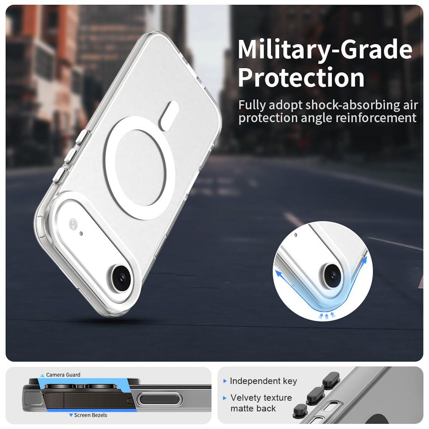 Transparente Handyhülle mit Kamera- und Tasten-Details, Text „Military-Grade Protection“, Beschriftung „Screen Bezels“ und „Independent Key“.