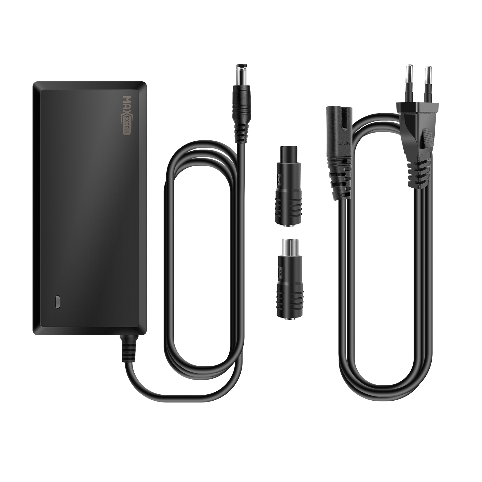Un adattatore di alimentazione nero con vari connettori. Include un alimentatore, un connettore CC e altri due tipi di connettori.