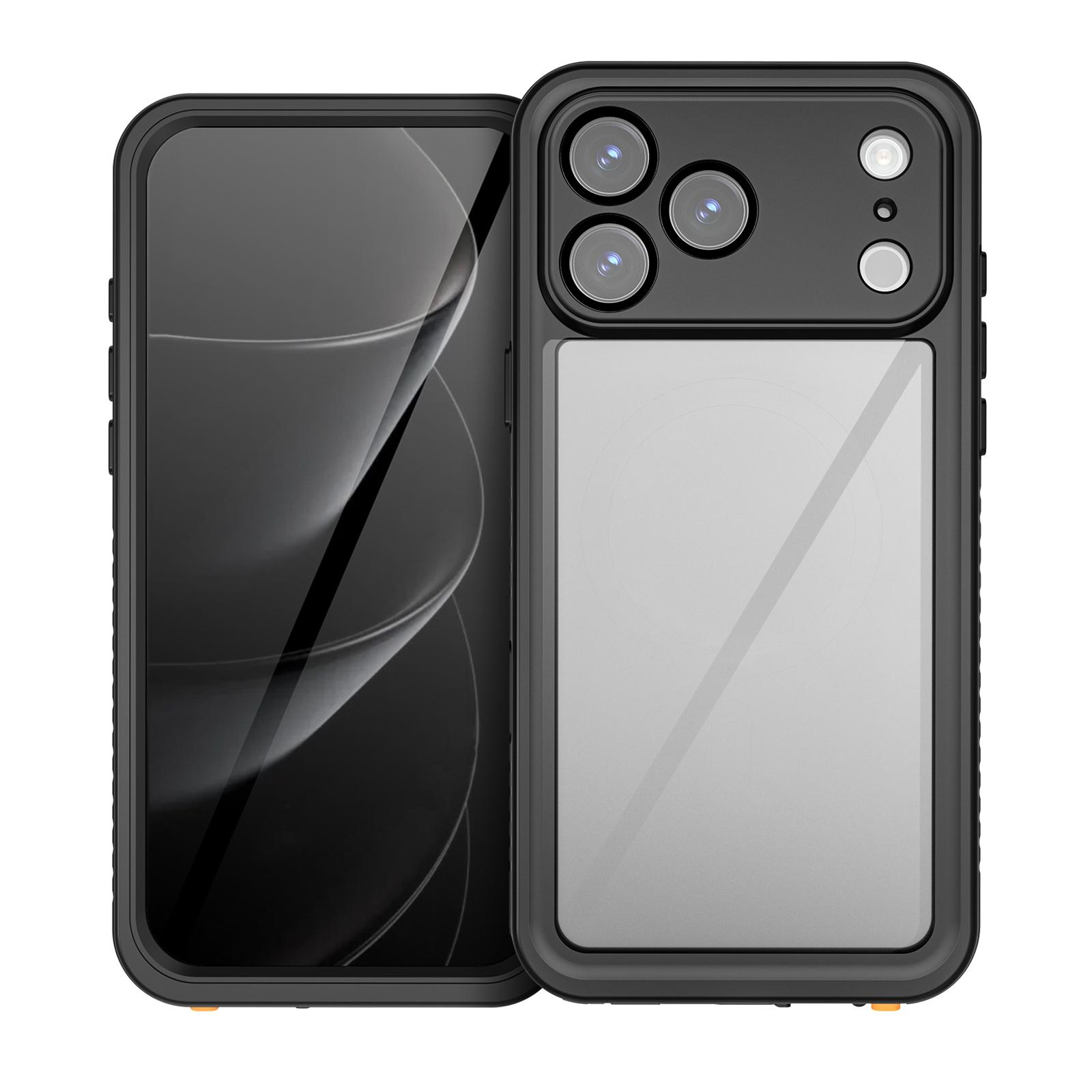 Schwarze Handyhülle mit einem Telefon darin. Die Hülle hat Kameraausschnitte und eine klare Rückseite.