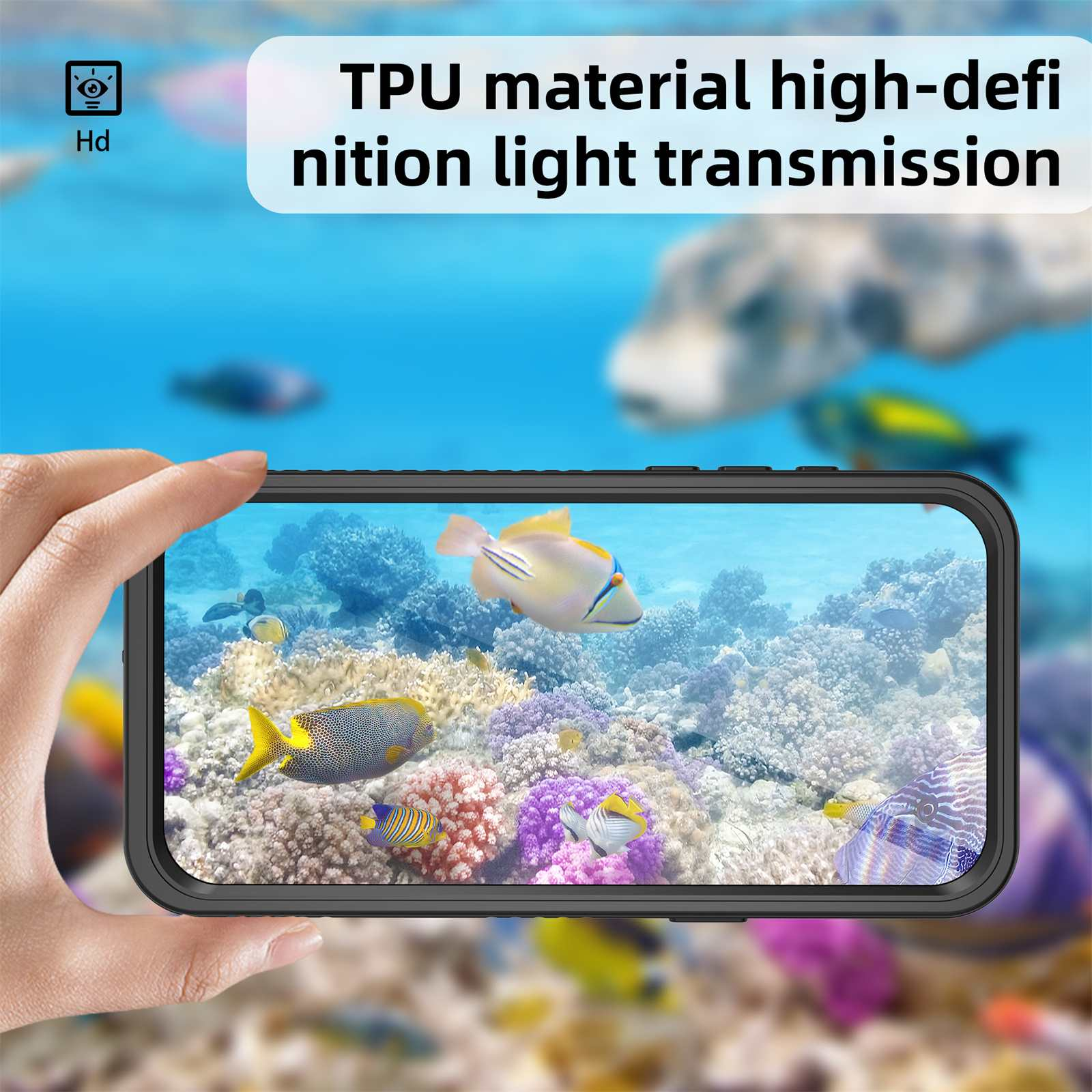 Eine Hand hält ein Telefon mit einer Unterwasserszene mit bunten Fischen und Korallen. Text lautet 'TPU-Material'.