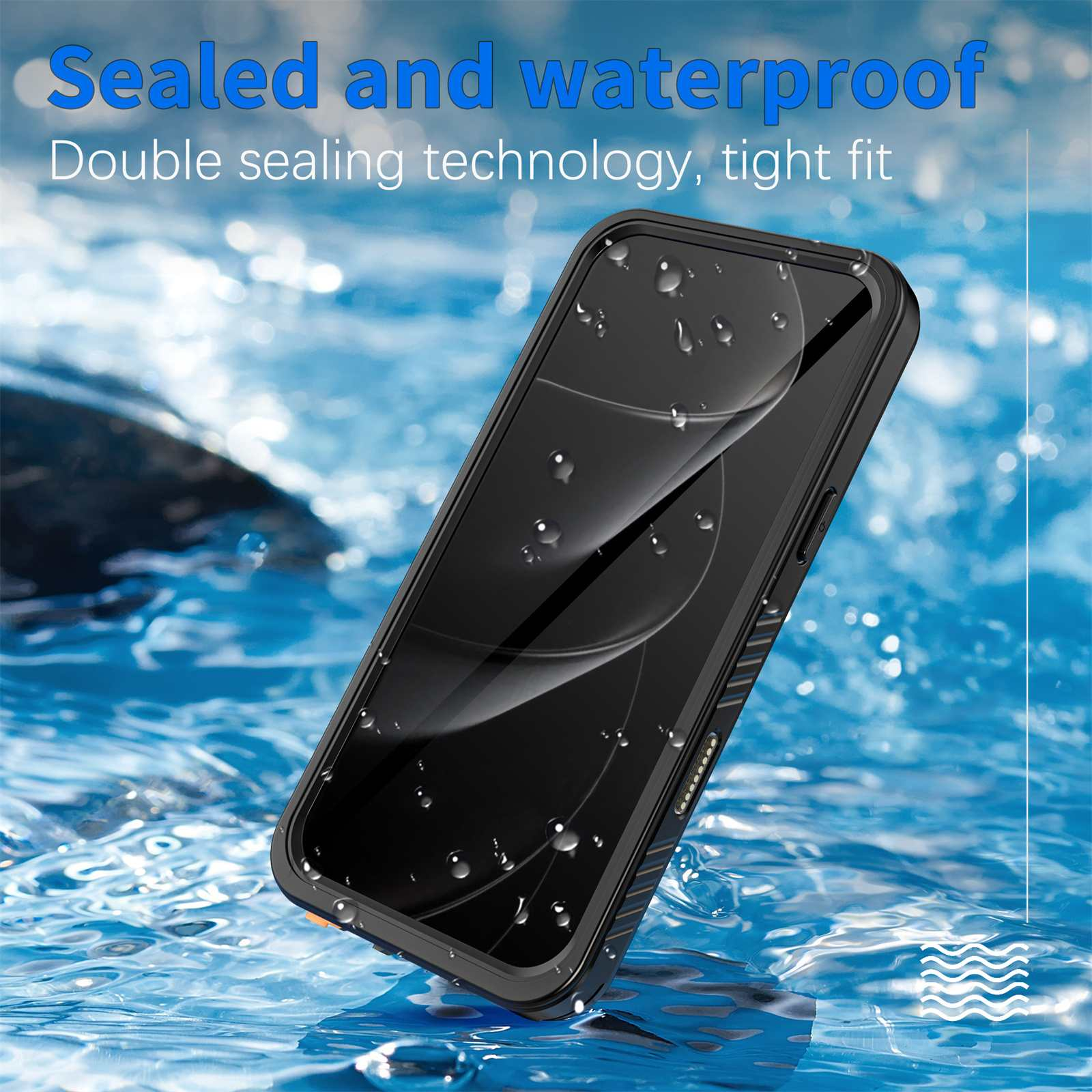 Schwarze Handyhülle im Wasser, mit Wassertropfen. Text: 'Versiegelt und wasserdicht'.