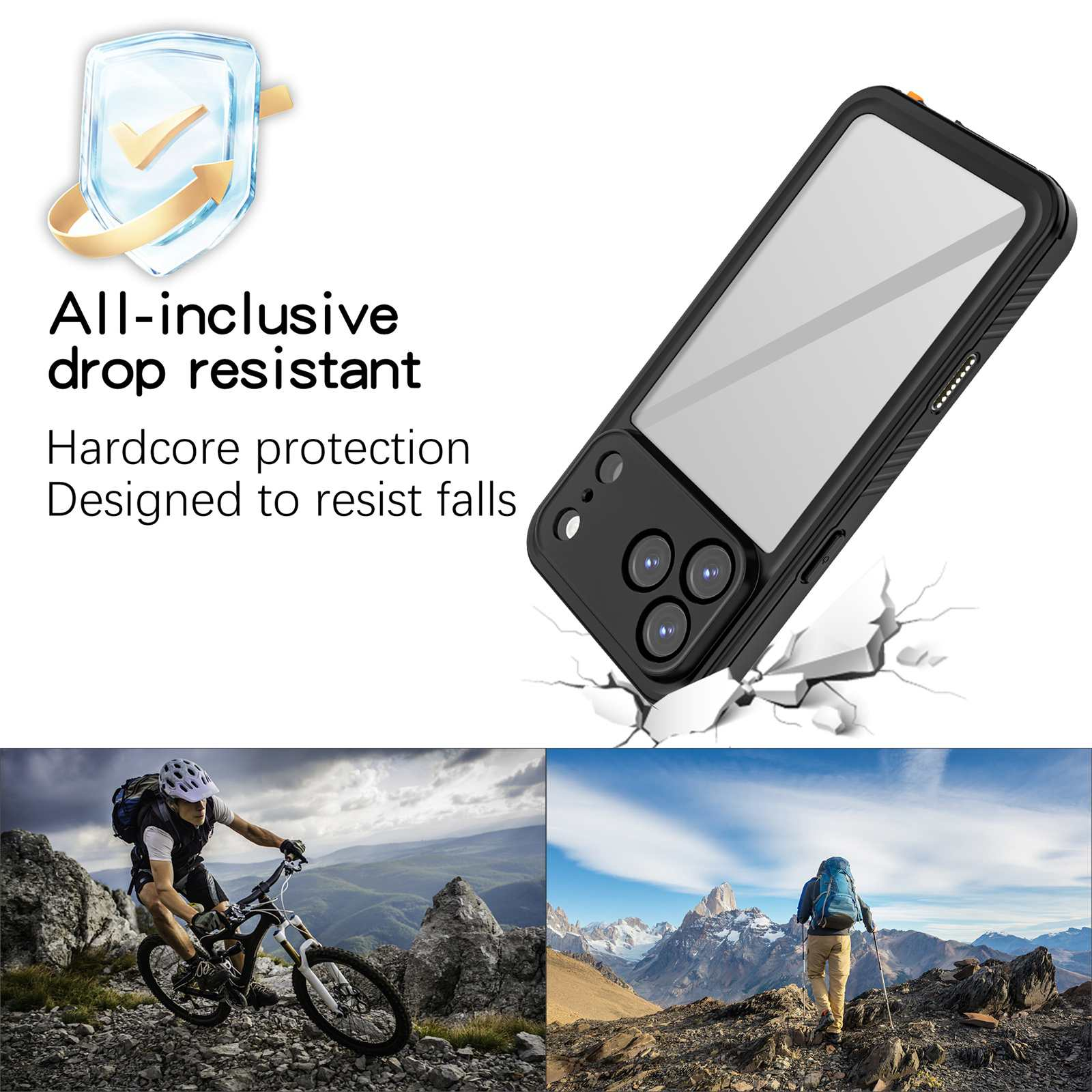 Das Bild zeigt eine Handyhülle, einen Mountainbiker und einen Wanderer. Die Handyhülle ist schwarz und zerbrochen dargestellt.