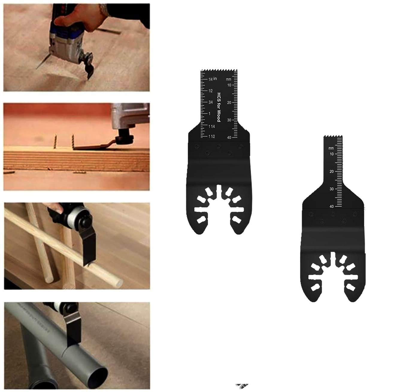 Das Bild zeigt ein Multitool beim Schneiden von Holz, Metall und Kunststoff. Zwei Klingen mit Maßen befinden sich rechts. Verschiedene Schneideaktionen werden gezeigt.