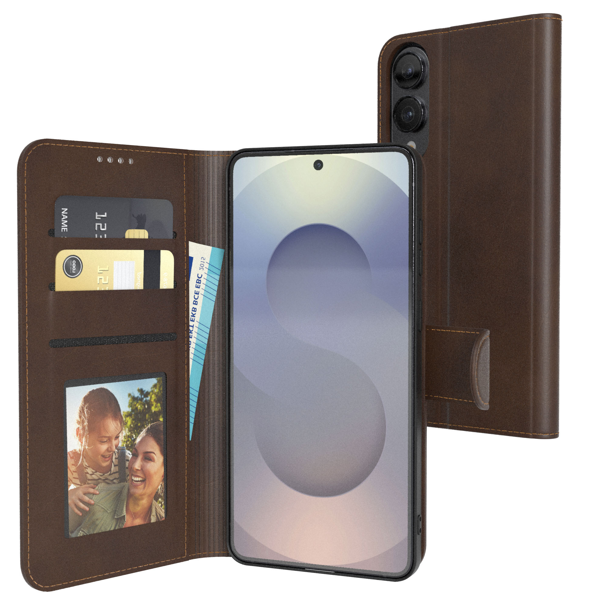 Eine braune Handyhülle mit einem Telefon darin. Die Hülle ist geöffnet und zeigt Karten und ein Bild. Das Telefon hat einen Bildschirm.