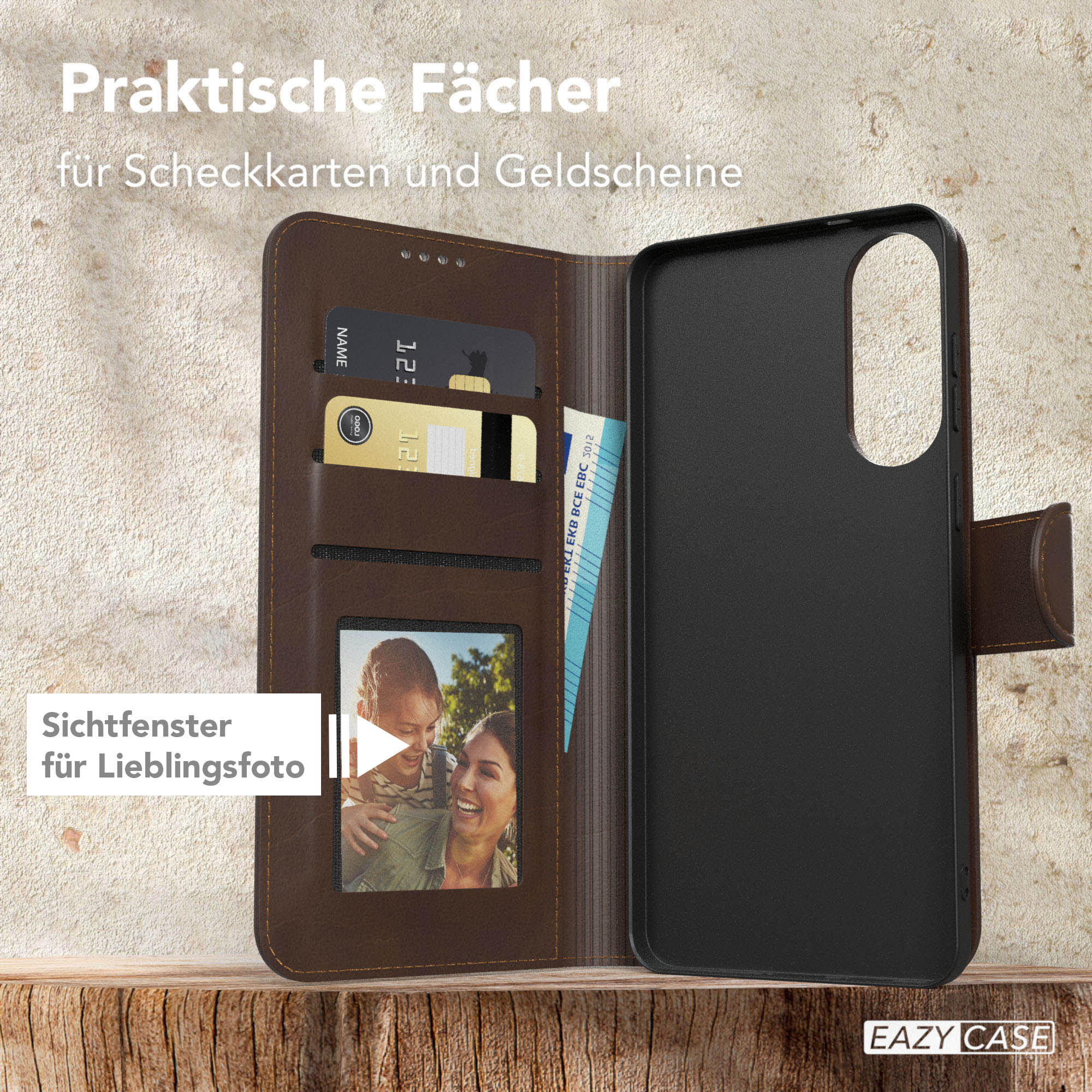 Braune Geldbörsenhülle mit Kartenfächern, einem Fotofenster und einer schwarzen Handyhülle. Der Hintergrund ist strukturiert.