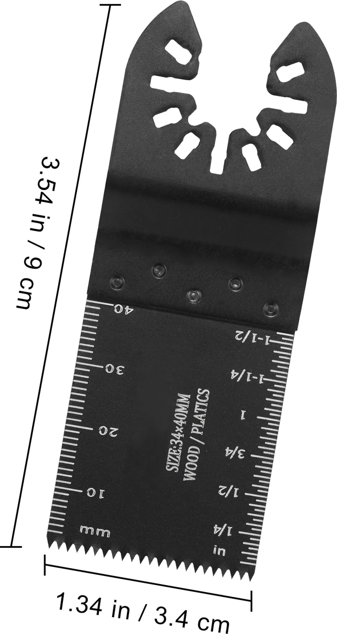 Ein schwarzes Sägeblatt mit Maßstab. Es hat eine halbkreisförmige Schneide mit Löchern und einen rechteckigen Körper.