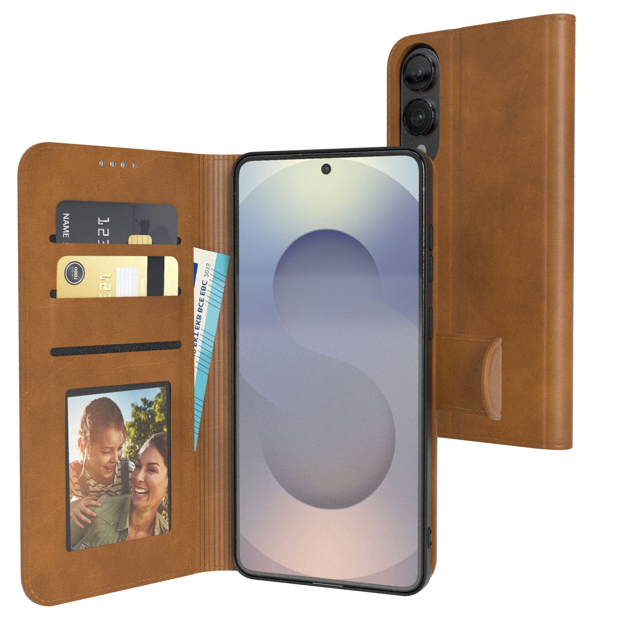 Braune Leder-Handyhülle mit Telefon. Das Etui hat Kartenfächer und ein Foto. Eine Rechnung ist ebenfalls sichtbar.
