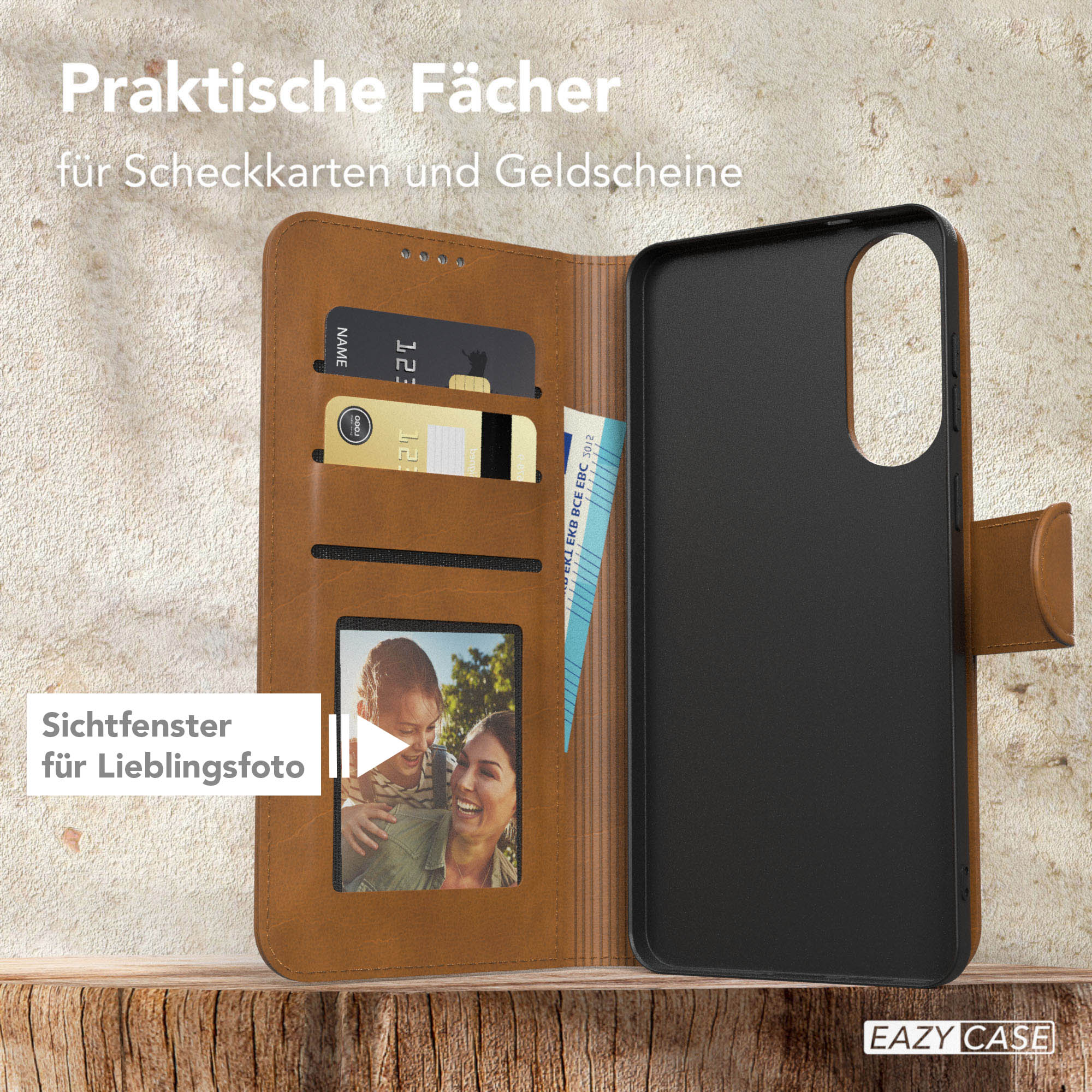 Eine braune Leder-Handyhülle mit Kartenfächern, einem Fotofenster und einem schwarzen Telefonhalter. Geld und Karten sind sichtbar.