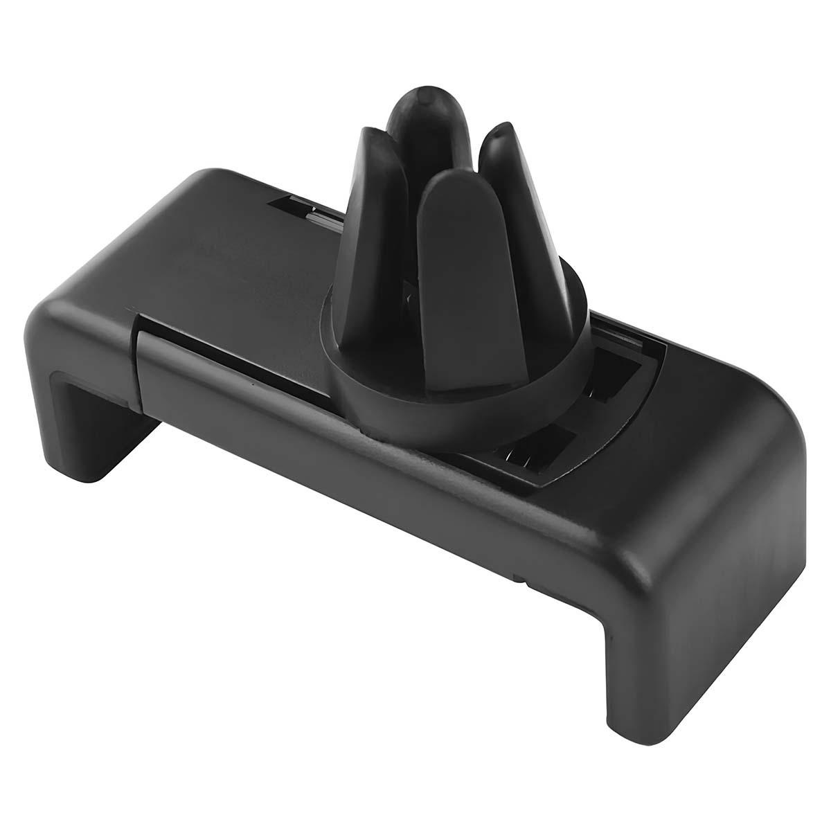 Un soporte negro para teléfono de ventilación de coche. Tiene una base rectangular con dos patas y un soporte circular con cuatro clavijas.