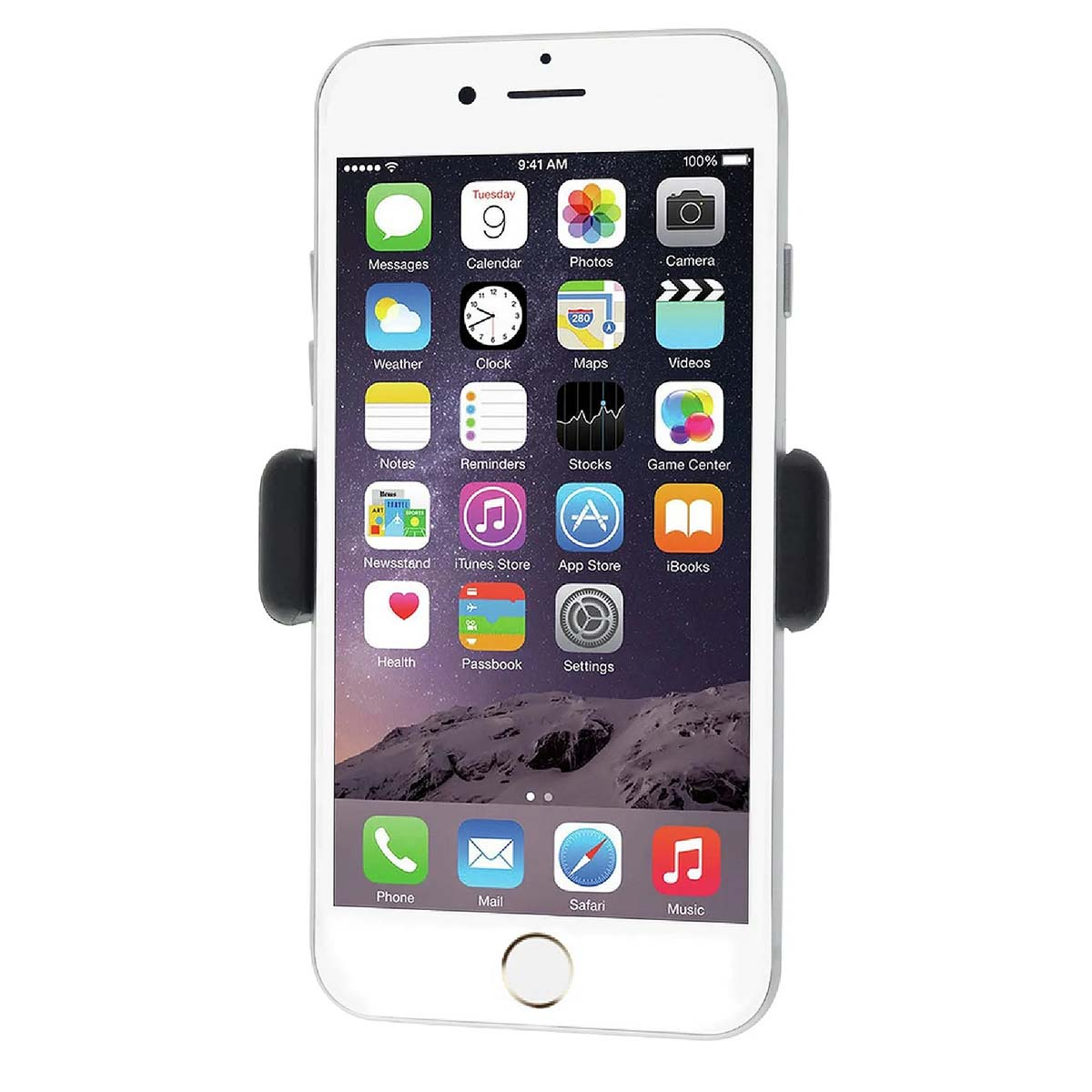 Un iPhone blanco muestra iconos de aplicaciones, la hora y la batería. Lo sujeta un soporte negro para teléfono. La pantalla muestra Mensajes, Calendario, Fotos y más.
