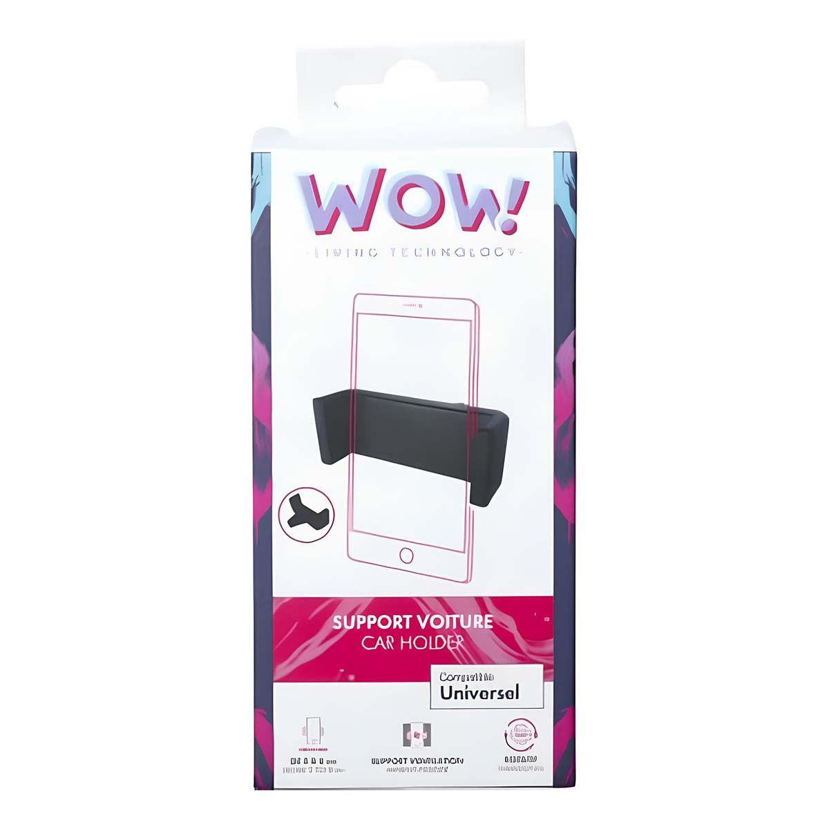 Una caja de producto para un soporte para teléfono de coche. La caja es blanca con el nombre "WOW!" y las palabras "SUPPORT VOITURE CAR HOLDER".