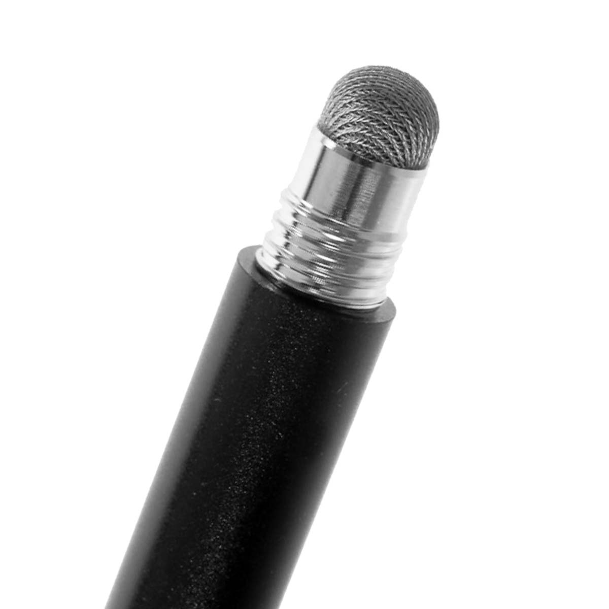 Primer plano de un lápiz óptico. Tiene un cuerpo negro, una sección de metal plateado y una punta de malla. El fondo es blanco.