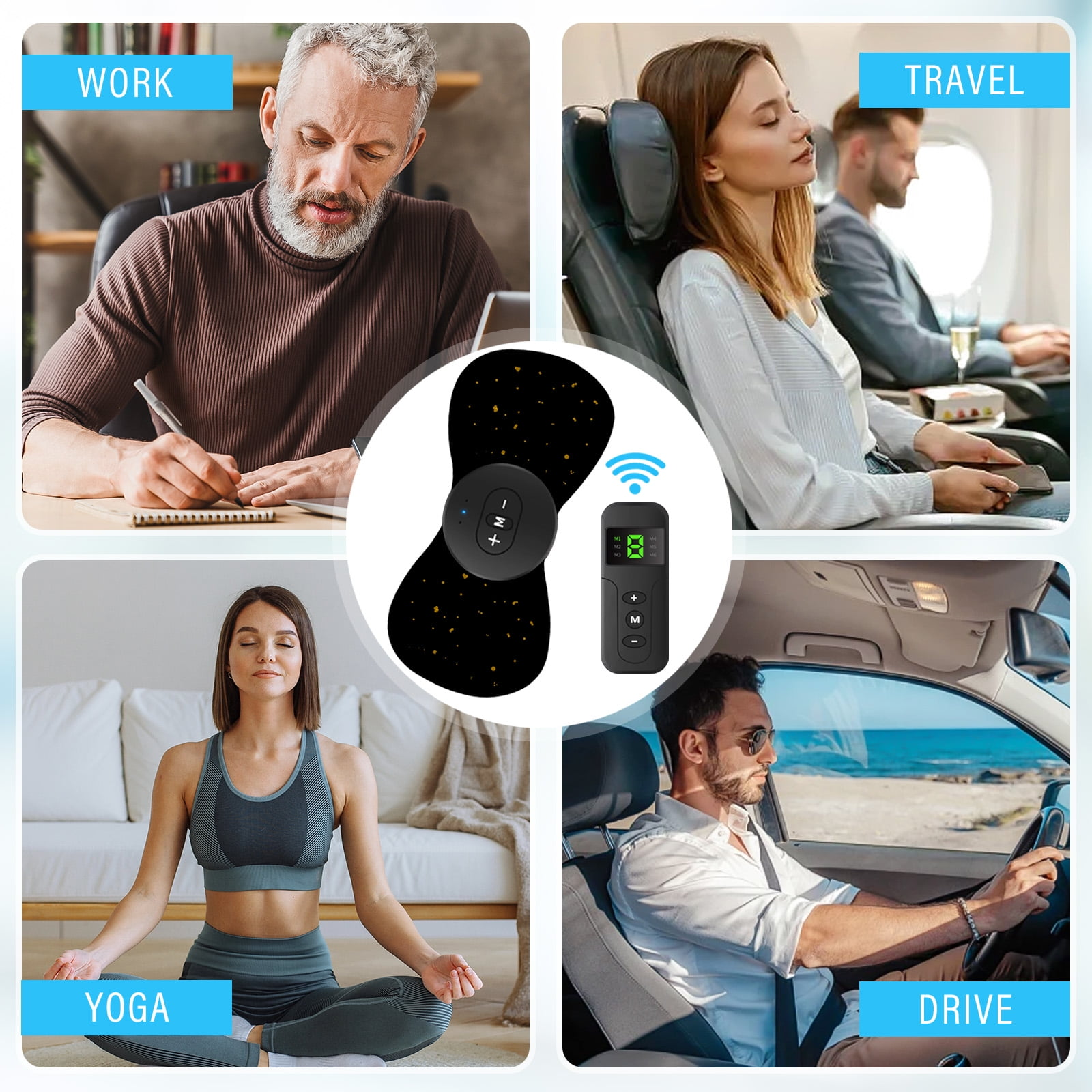 Das Bild zeigt Menschen bei verschiedenen Aktivitäten, darunter Arbeiten, Reisen, Yoga und Autofahren, mit einem Massagegerät in der Mitte.