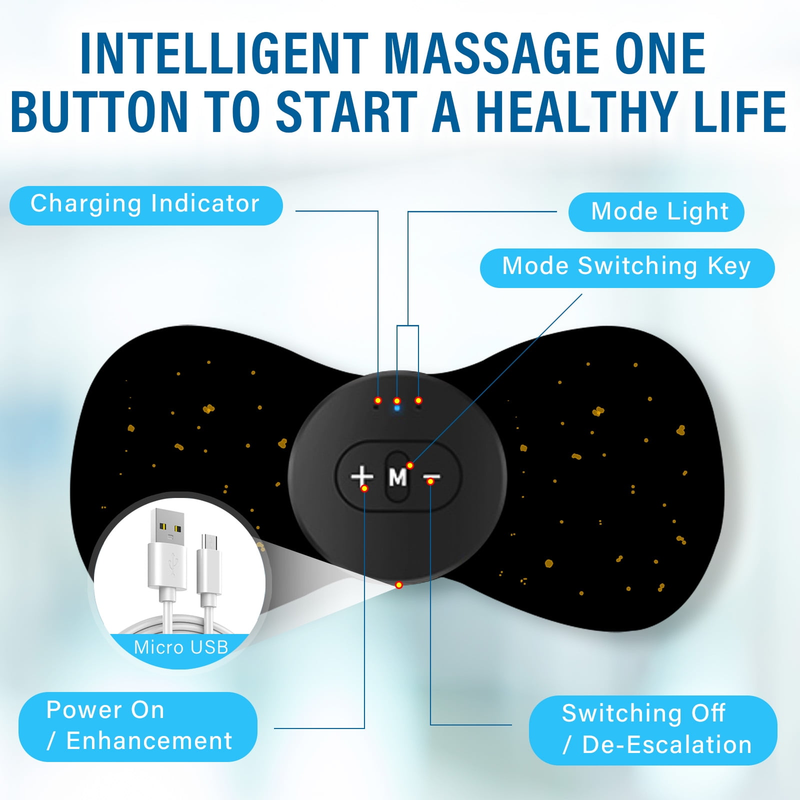 Schwarzes Massagegerät mit Knöpfen, Ladeanschluss und USB-Kabel. Beschriftete Bereiche: Laden, Modus, Ein/Aus.
