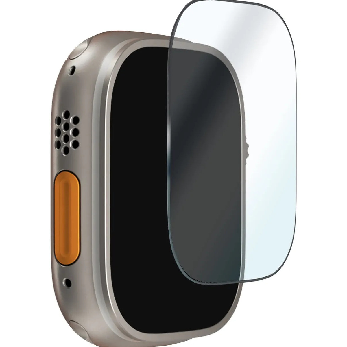 Uno smartwatch argento con schermo nero e pulsante arancione, con una protezione per lo schermo. Lo sfondo è bianco.