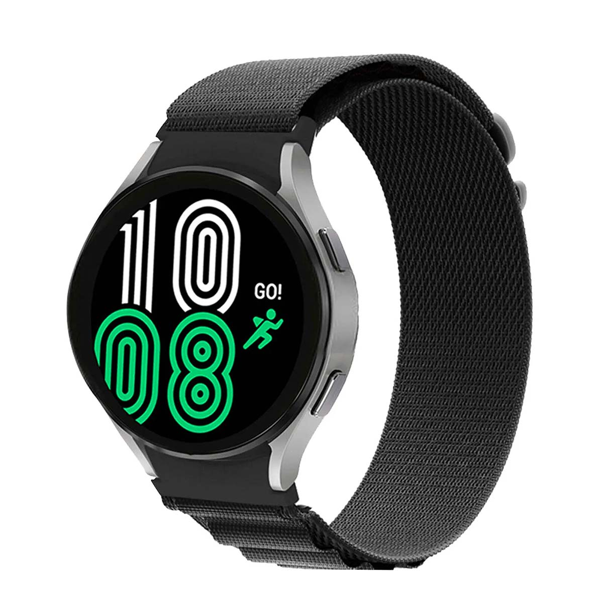Uno smartwatch Samsung nero con cinturino nero. Il quadrante mostra i numeri 10 e 08 in bianco e verde, con "GO!".