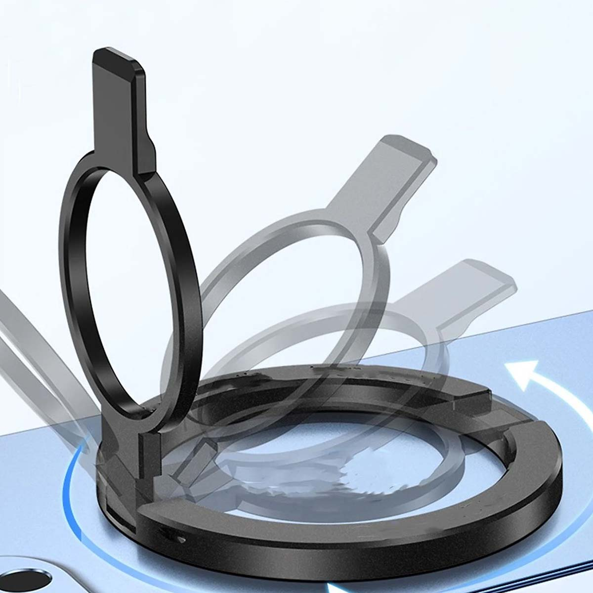 Un supporto ad anello nero per telefono con un anello circolare e una parte superiore rettangolare, parzialmente ruotato. Lo sfondo è blu.