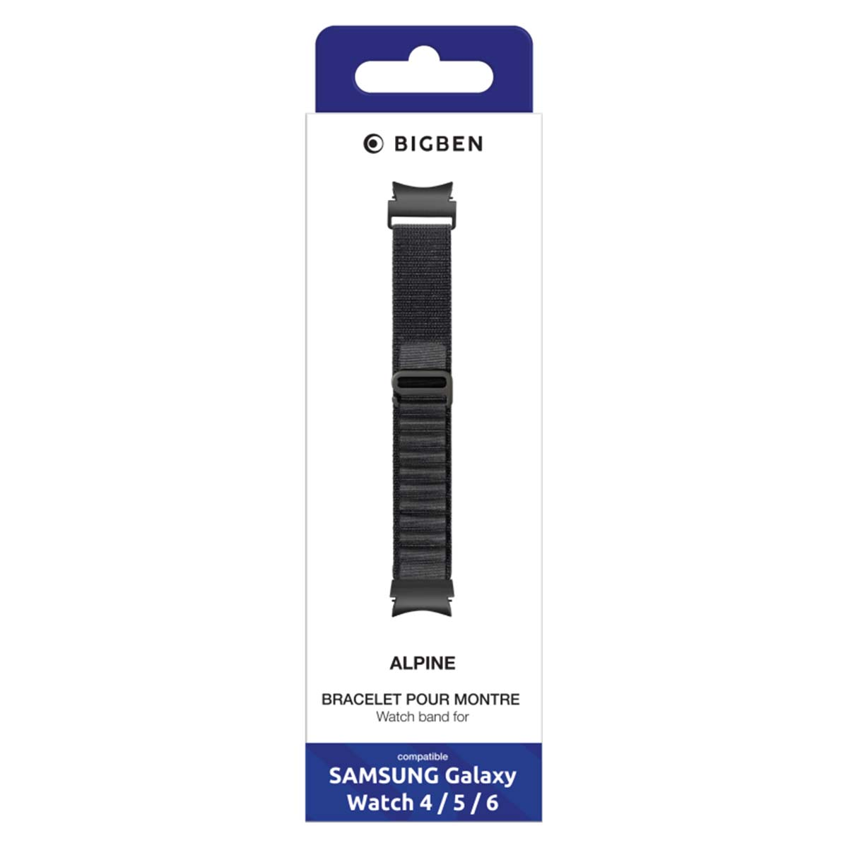 Un cinturino per Samsung Galaxy Watch 4/5/6, stile alpino nero. La confezione è bianca con parte superiore e inferiore blu.