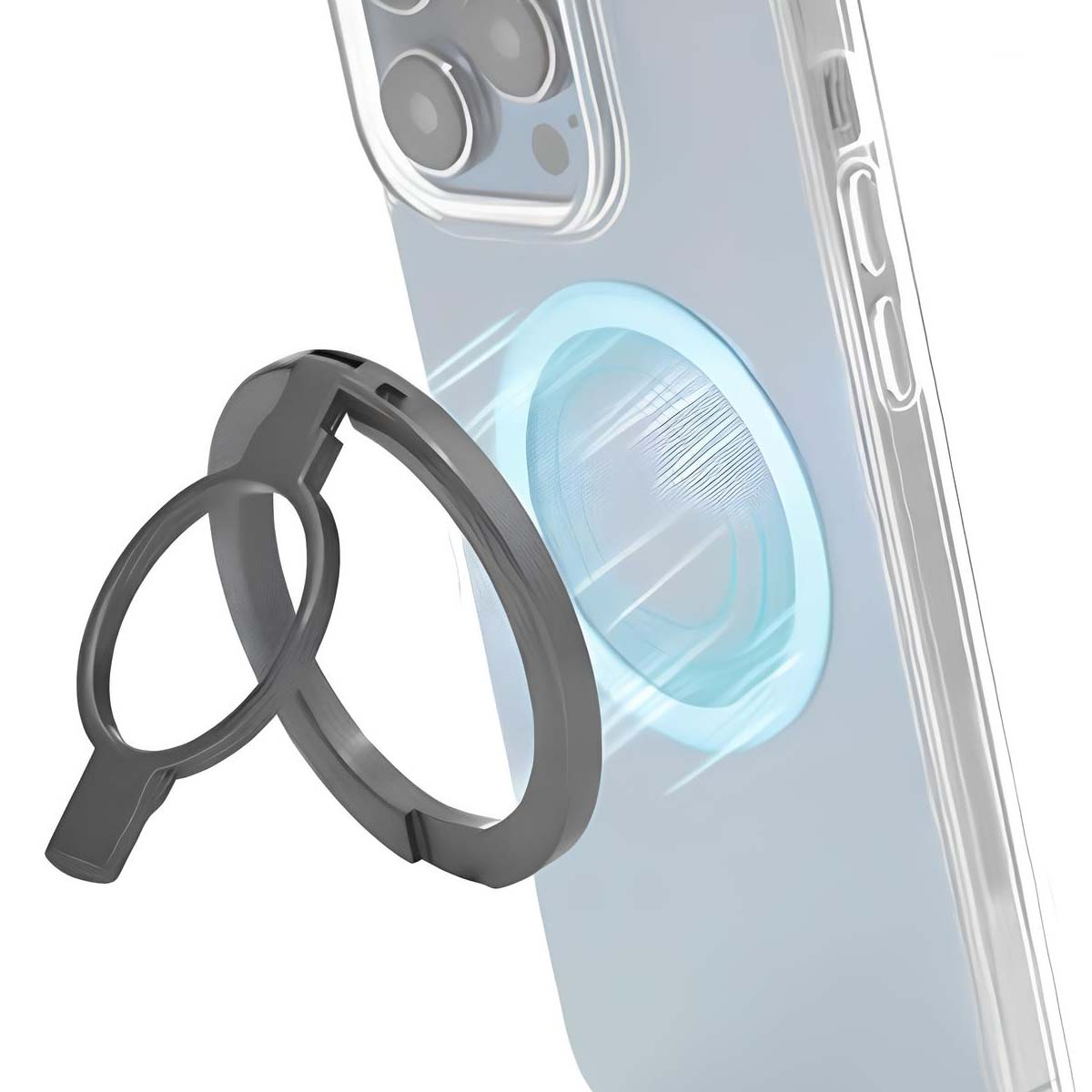 Un supporto ad anello grigio è attaccato a una custodia trasparente. La fotocamera e i pulsanti laterali del telefono sono visibili. Lo sfondo è bianco.