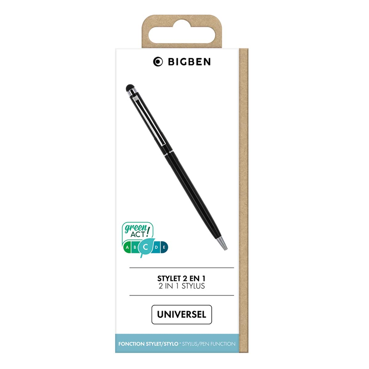 Un bolígrafo negro en un paquete blanco y marrón. El paquete tiene la marca BIGBEN y el texto 'STYLET 2 EN 1'.