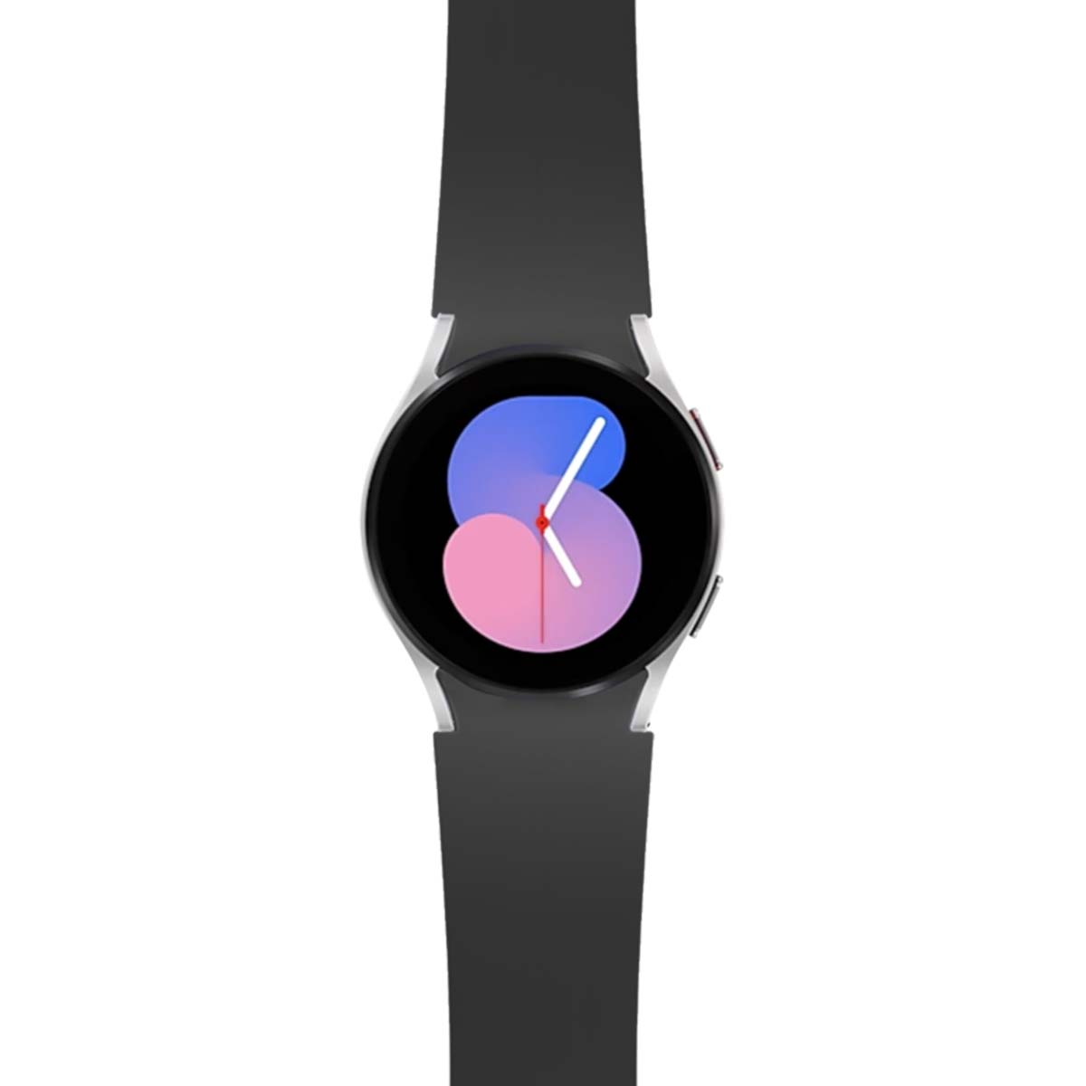 Uno smartwatch argento con cinturino nero. Il quadrante mostra un gradiente rosa e blu con lancette bianche.