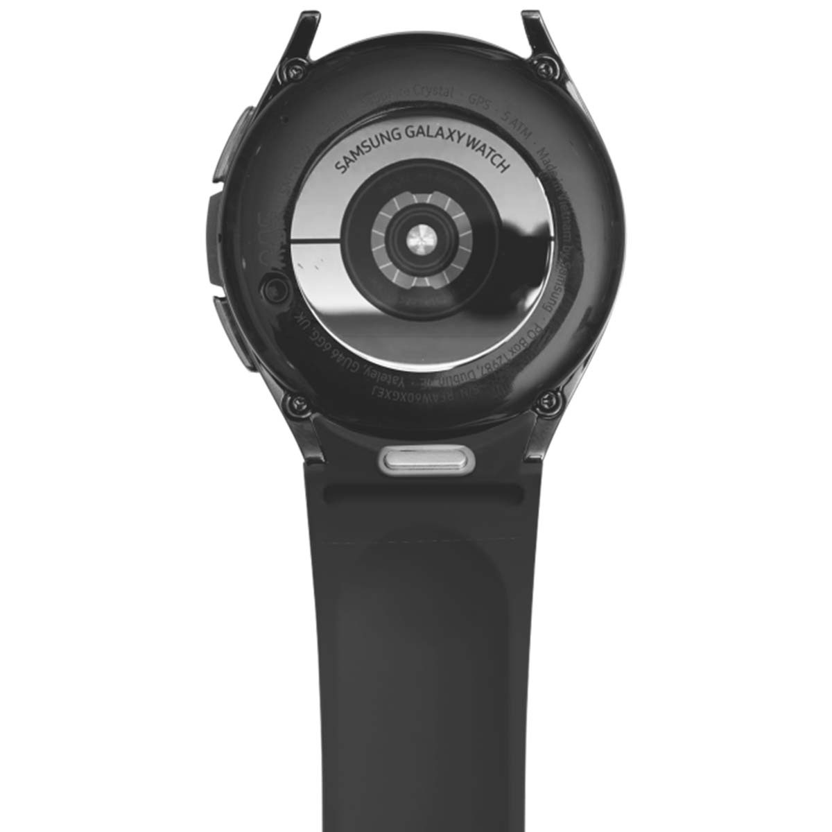 Retro nero Samsung Galaxy Watch. Caratteristiche: 'SAMSUNG GALAXY WATCH', GPS e altri dettagli.