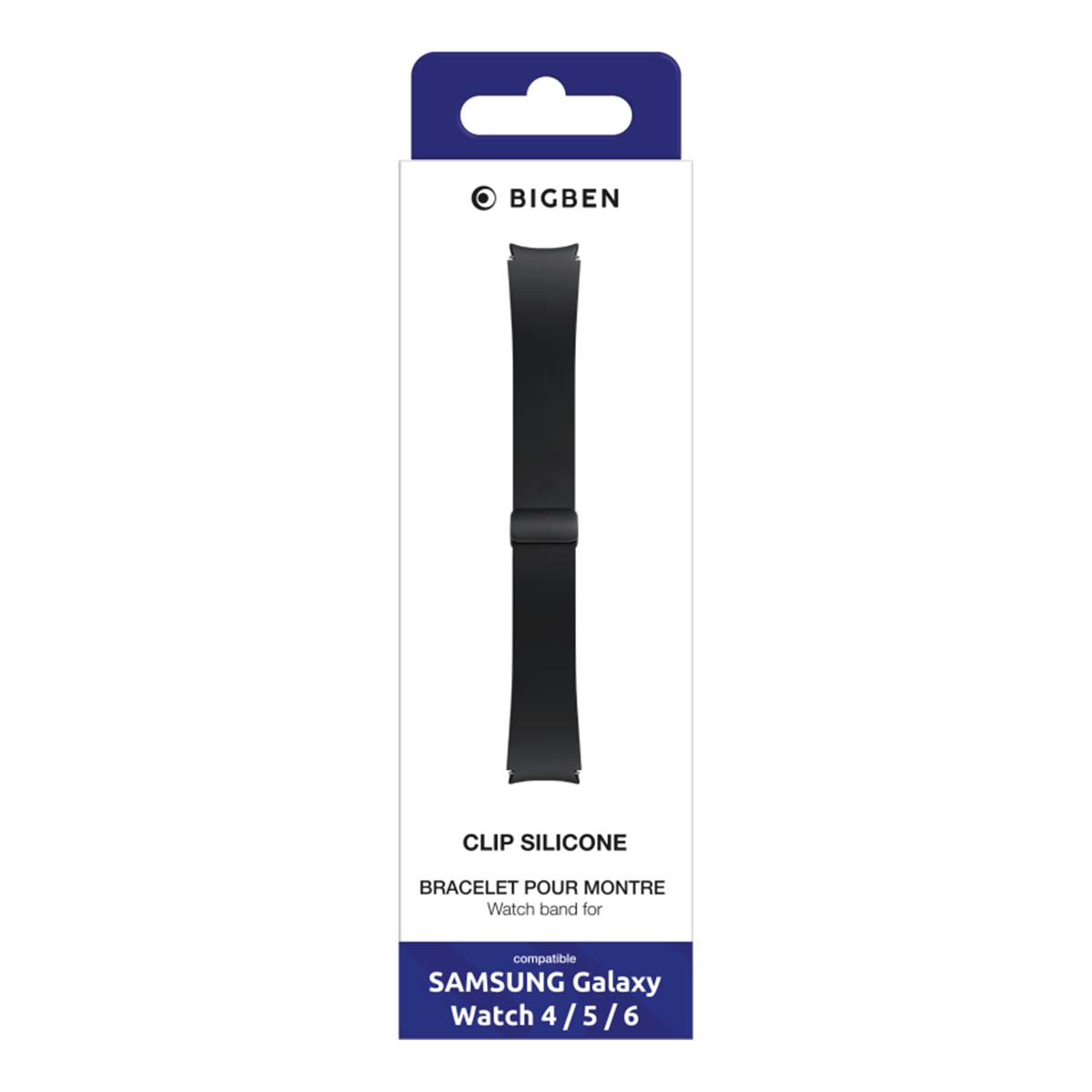 Cinturino nero Bigben per Samsung Galaxy Watch 4/5/6 su confezione bianca. Testo: CLIP SILICONE, BRACELET POUR MONTRE, Watch band for.