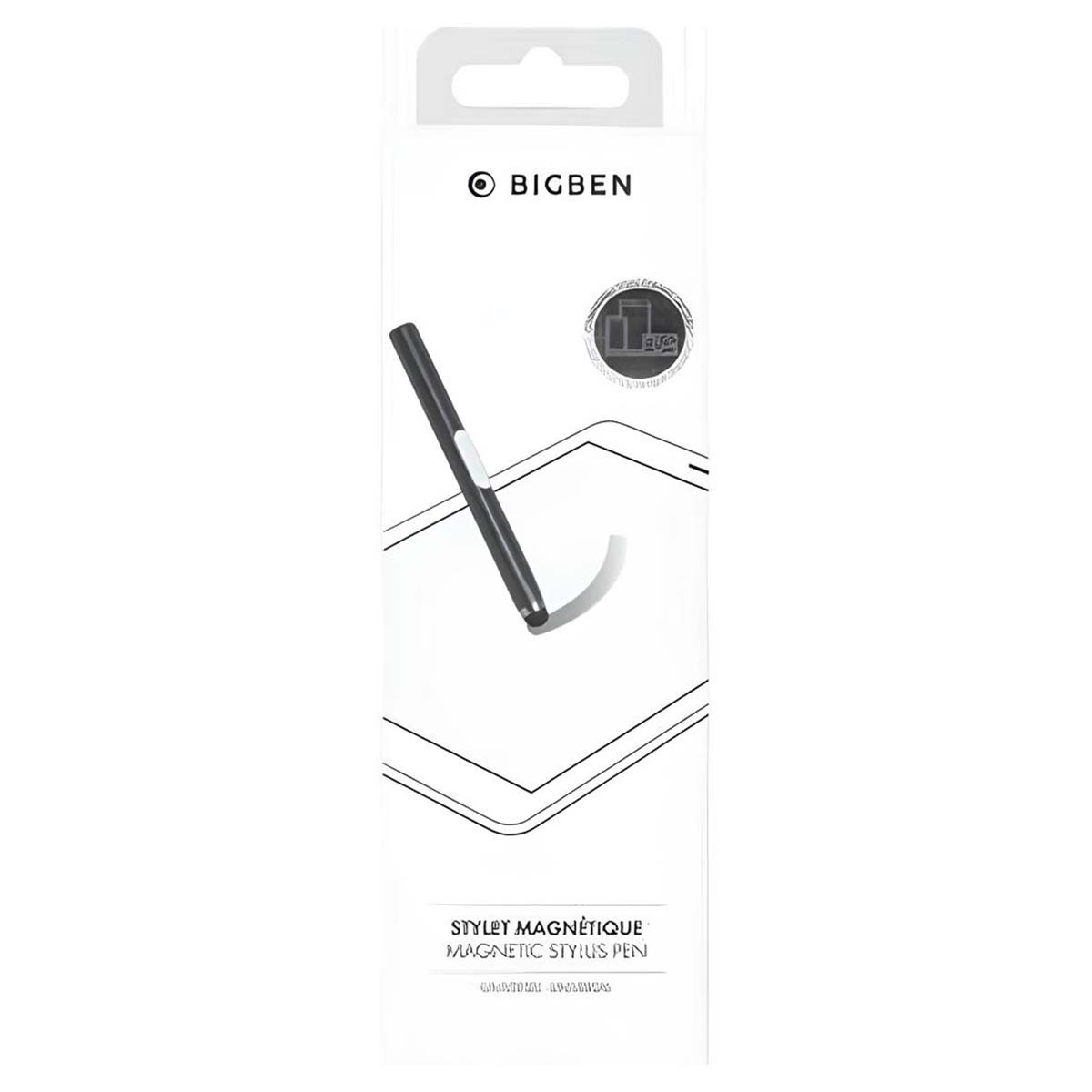 Un lápiz óptico negro con una franja blanca está en una caja blanca. La caja tiene el logotipo de Bigben y el texto: Stylus Magnétique Magnetic Stylus Pen.