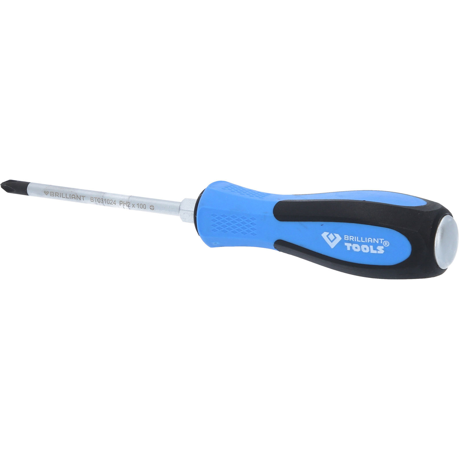 Ein Schraubendreher mit blauem und schwarzem Griff. Die Klinge ist silbern und mit 'BRILLIANT TOOLS' gekennzeichnet.