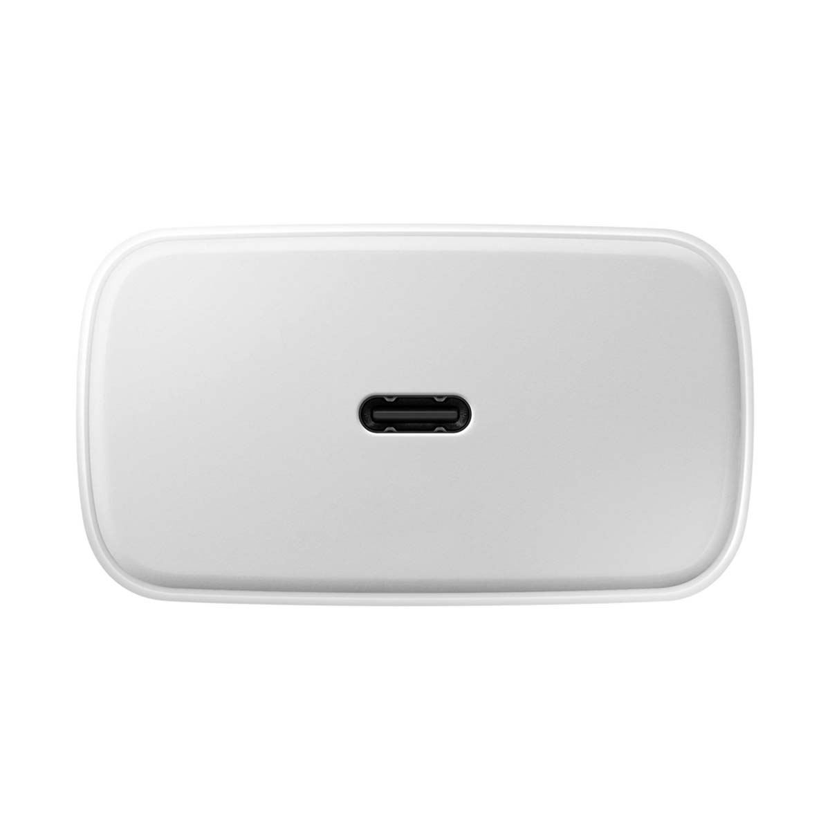 Un caricabatterie rettangolare bianco con una porta USB-C. La porta ha una forma ovale scura, centrata sulla faccia del caricabatterie.
