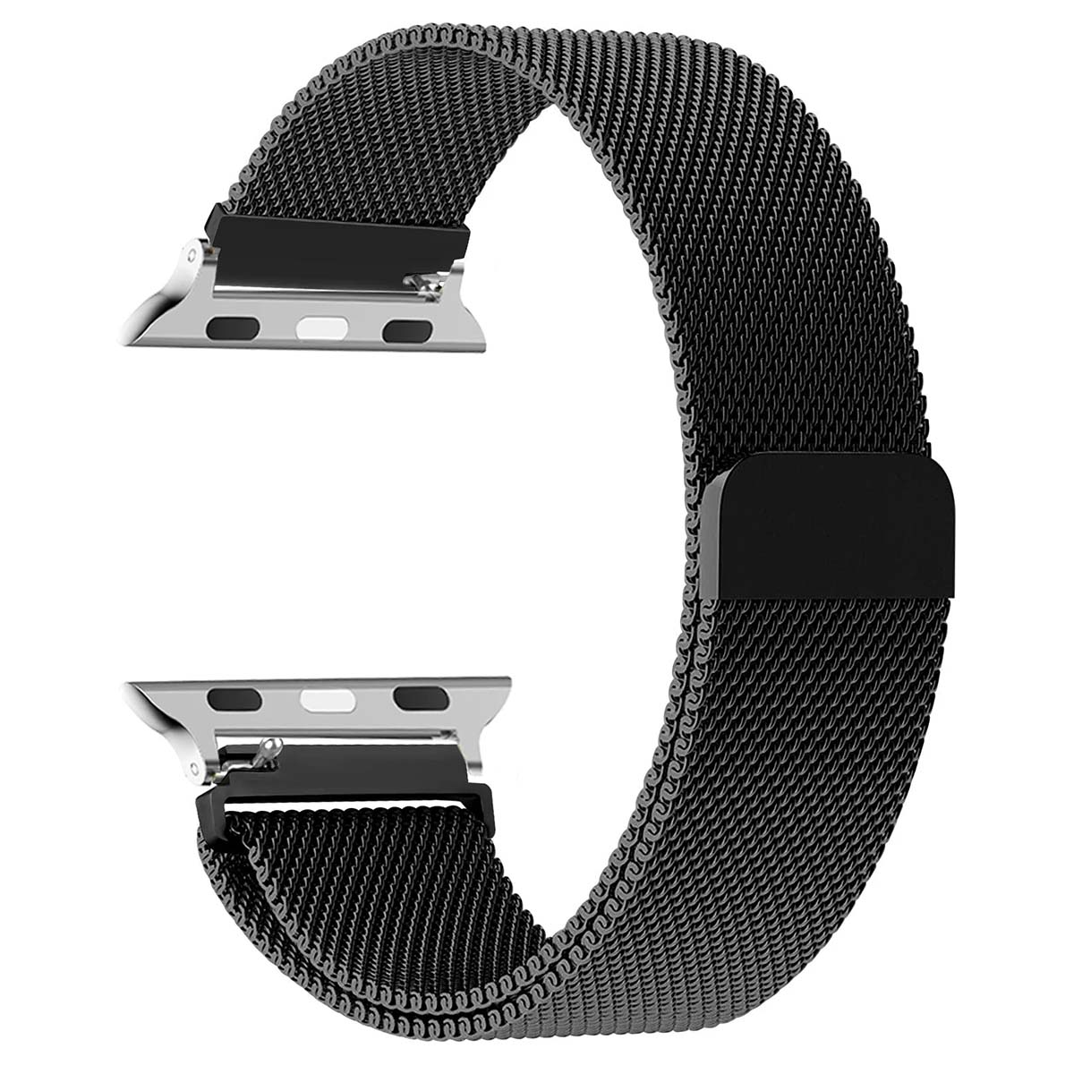 Un cinturino per orologio a rete nera con connettori argentati. Il cinturino forma un anello. Chiusure rettangolari nere fissano il cinturino.