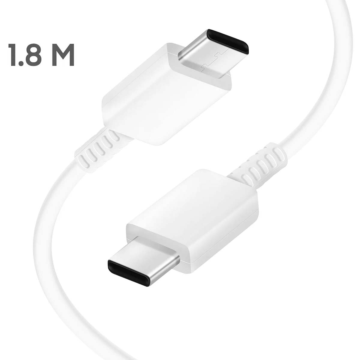 Un cavo USB-C bianco, lungo 1,8 m, è mostrato su sfondo bianco. I connettori sono bianchi, con inserti neri.