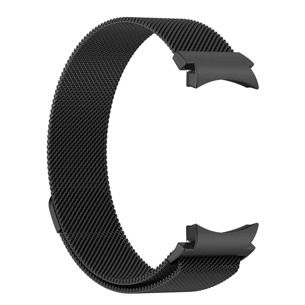 Un cinturino per orologio in metallo nero a forma di C. Il cinturino ha un design a rete con una chiusura a ciascuna estremità. Lo sfondo è bianco.