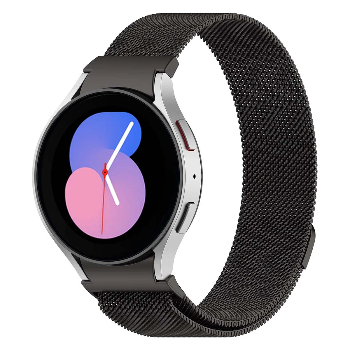 Uno smartwatch argentato con cinturino a maglia nera. Il quadrante mostra forme blu e rosa con una lancetta bianca.