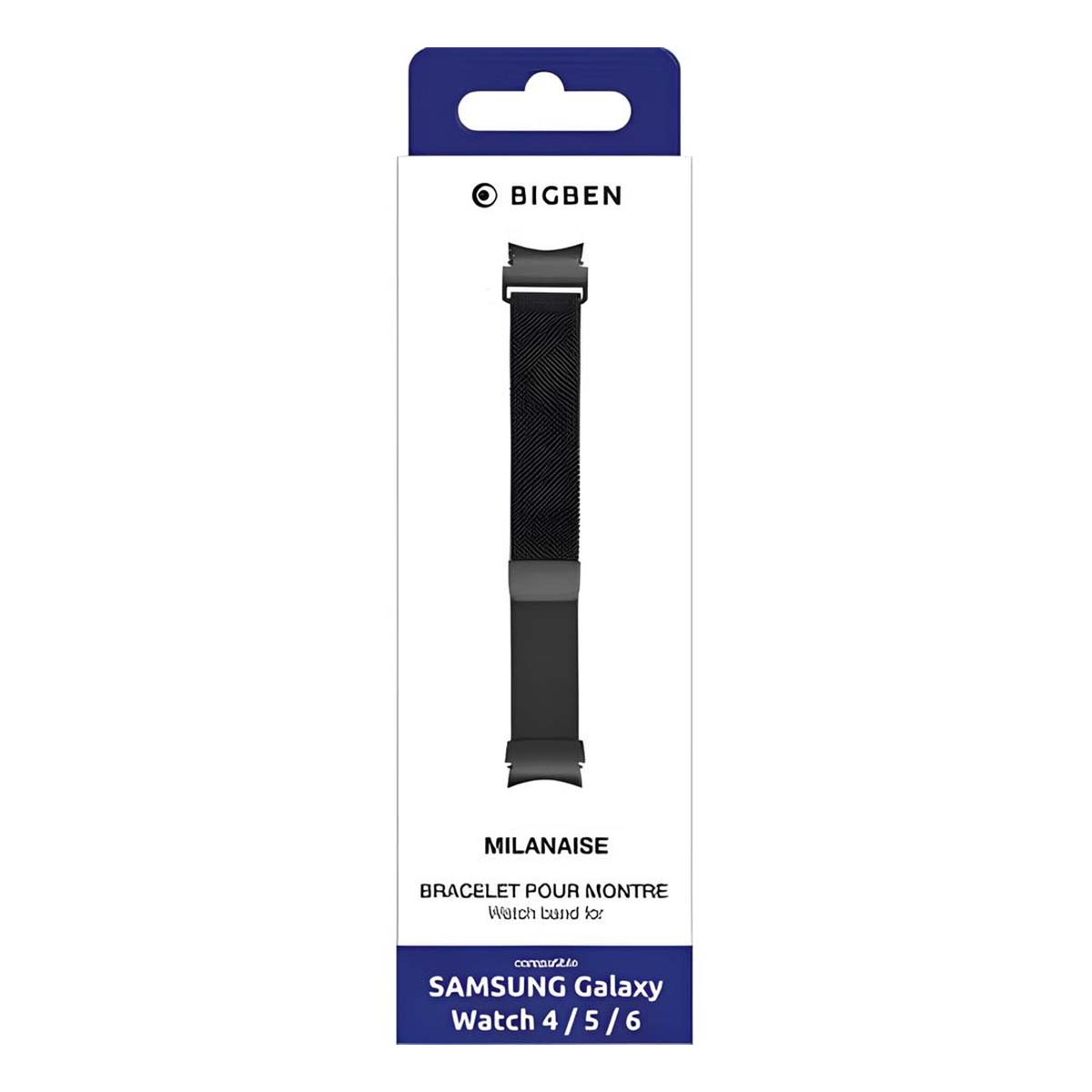 Un cinturino Milanese nero per Samsung Galaxy Watch 4/5/6 è mostrato nella confezione. Il marchio è BigBen. Il cinturino è nero e metallico.