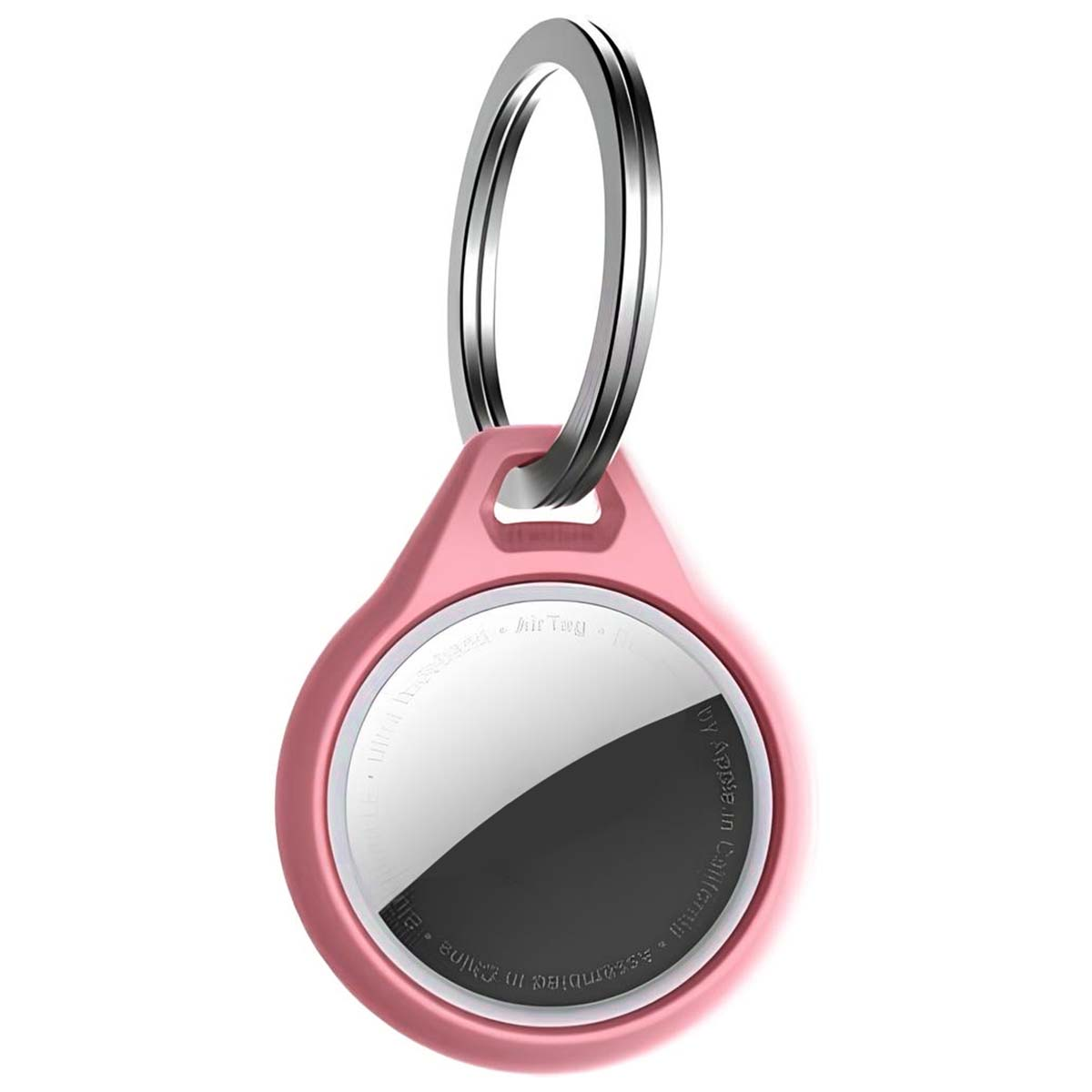 AirTag rosa con portachiavi argentato. L'AirTag ha una superficie bianca e nera. L'anello è in alto.