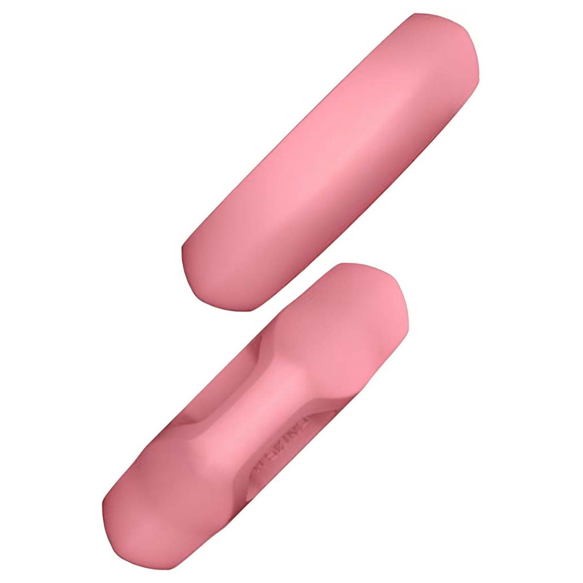 Due manubri rosa su sfondo bianco. Uno è leggermente angolato, l'altro sotto ha un'impugnatura con scritte.