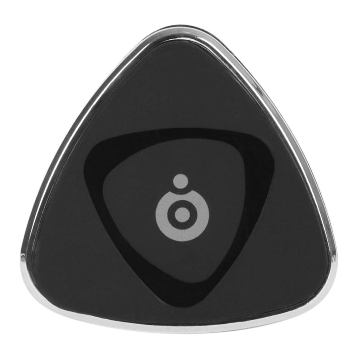 Un dispositivo nero triangolare con un contorno argentato. Ha un logo circolare grigio al centro. Il dispositivo è su sfondo bianco.