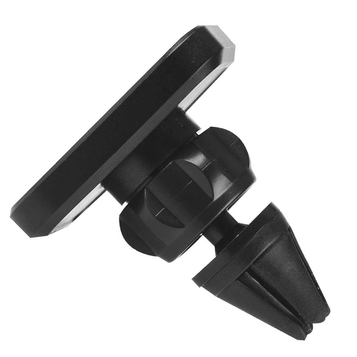 Un soporte negro para teléfono de ventilación de coche, con cabezal rectangular y clip para fijar a las rejillas de ventilación.