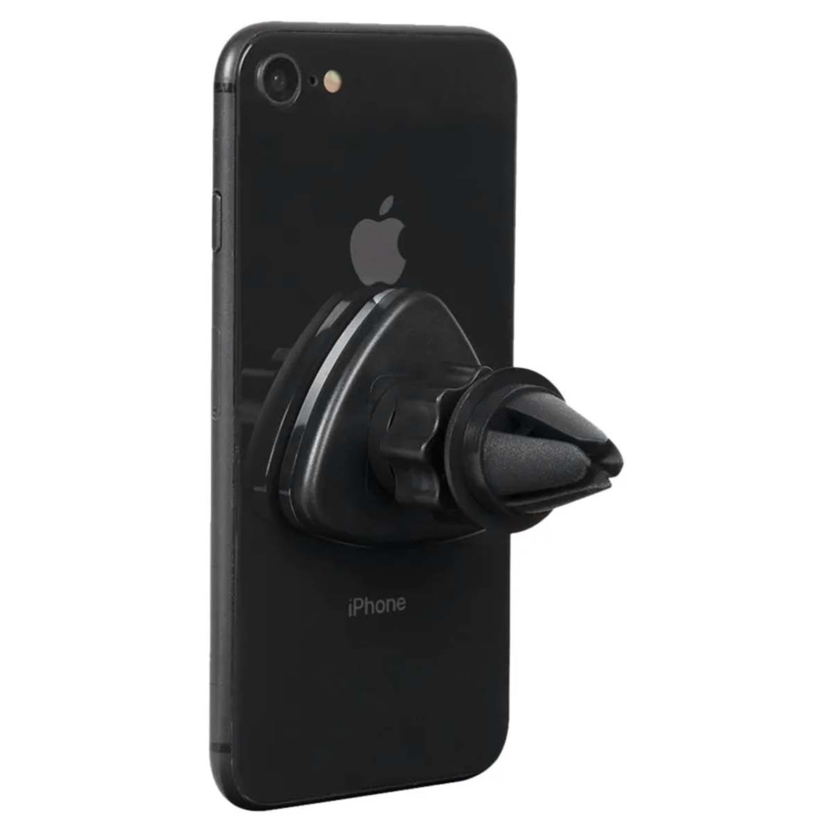 Un iPhone nero con un supporto per telefono per bocchetta dell'auto collegato. Logo Apple visibile. Il supporto è in plastica nera.