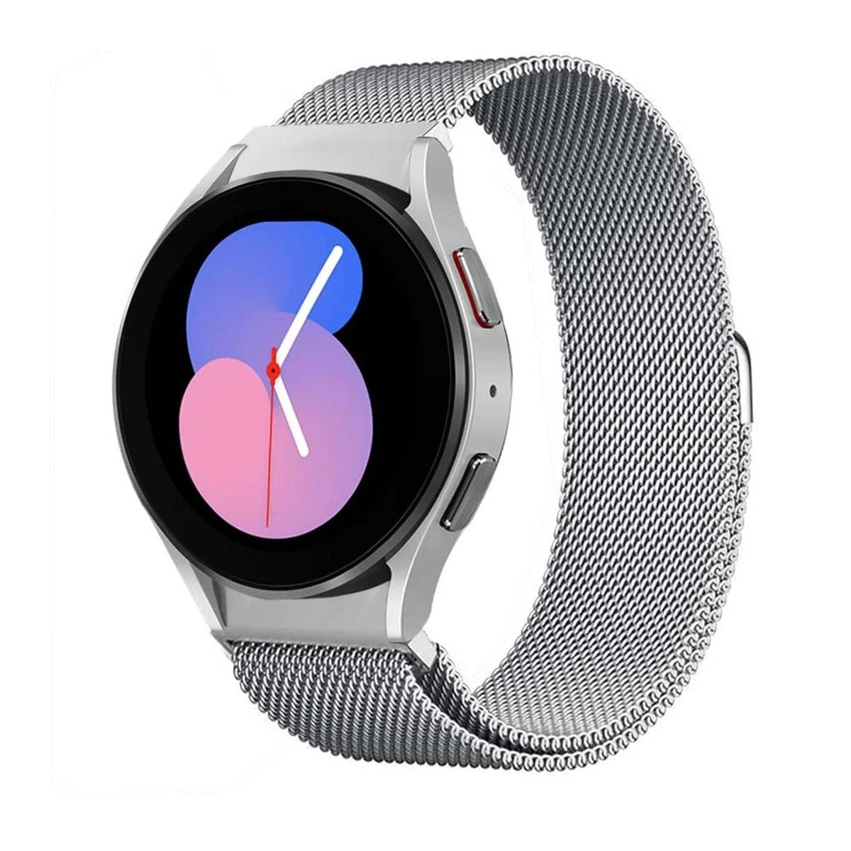 Smartwatch argentato con cinturino a maglie. Il quadrante mostra un quadrante rosa e blu con una lancetta bianca. Isolato su bianco.