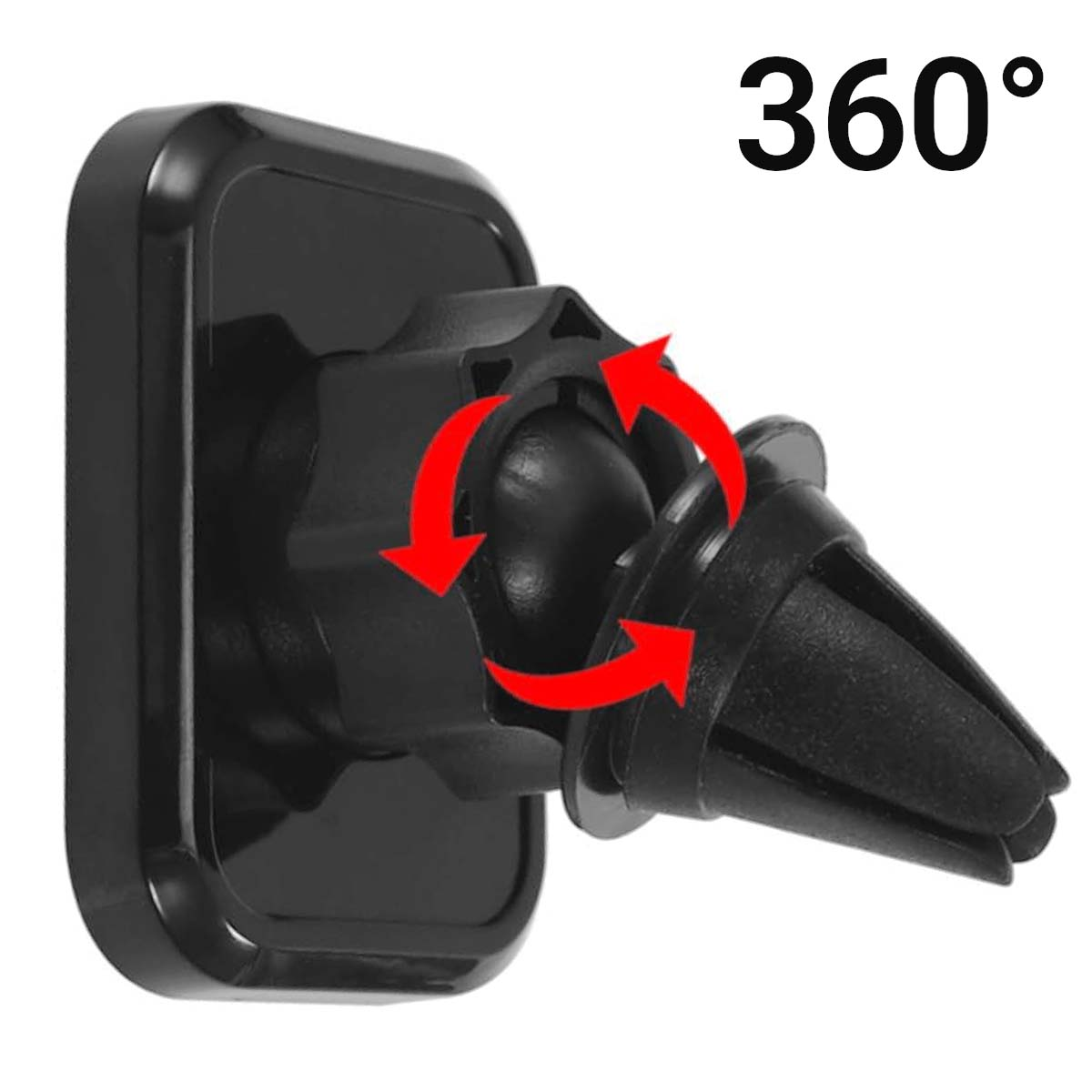 Soporte negro para teléfono de coche con mecanismo giratorio. Flechas rojas indican rotación de 360 grados. Fondo blanco con texto "360°".