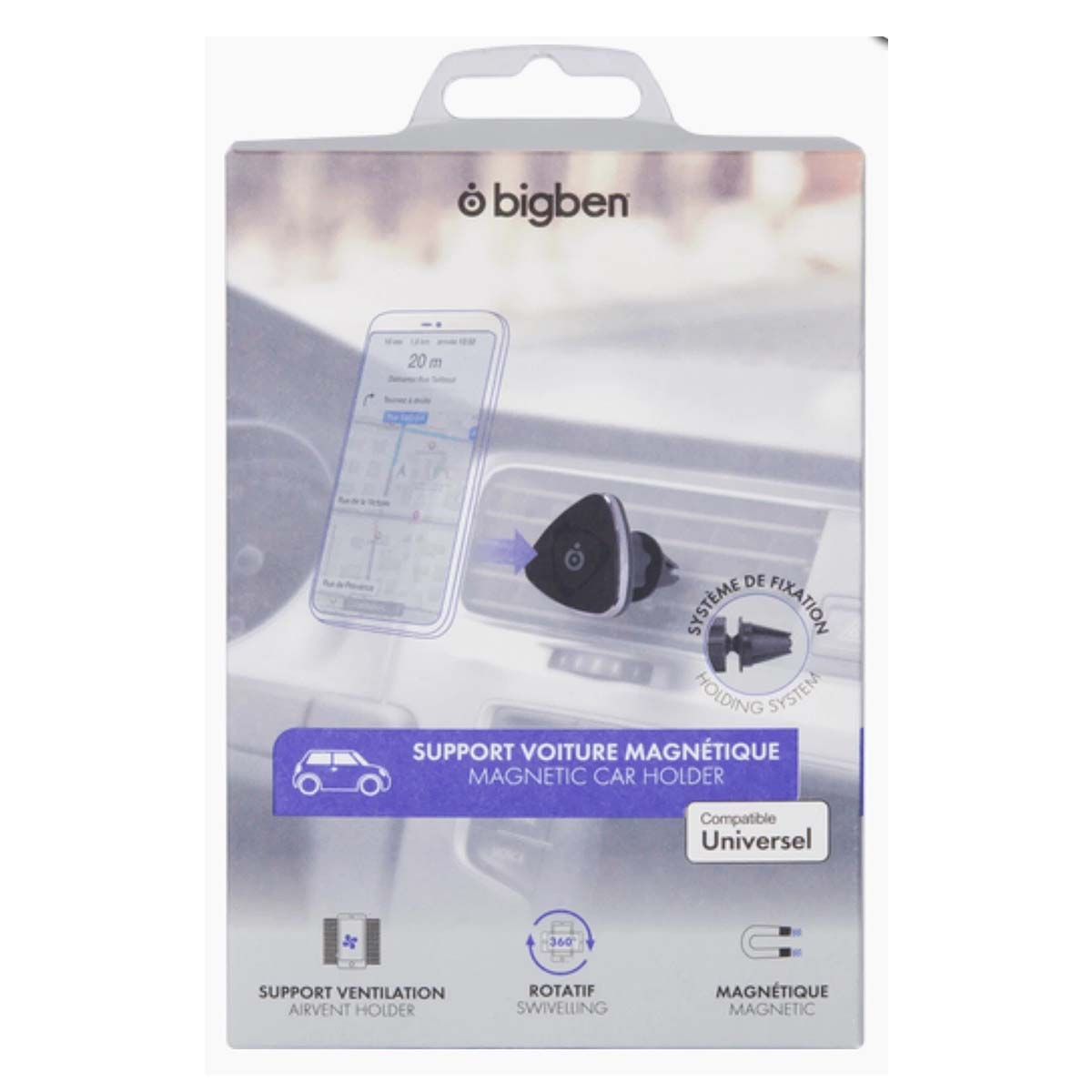 Confezione per un supporto magnetico per auto Bigben, che mostra un telefono con navigazione, il supporto e funzioni come rotazione e supporto per bocchetta.